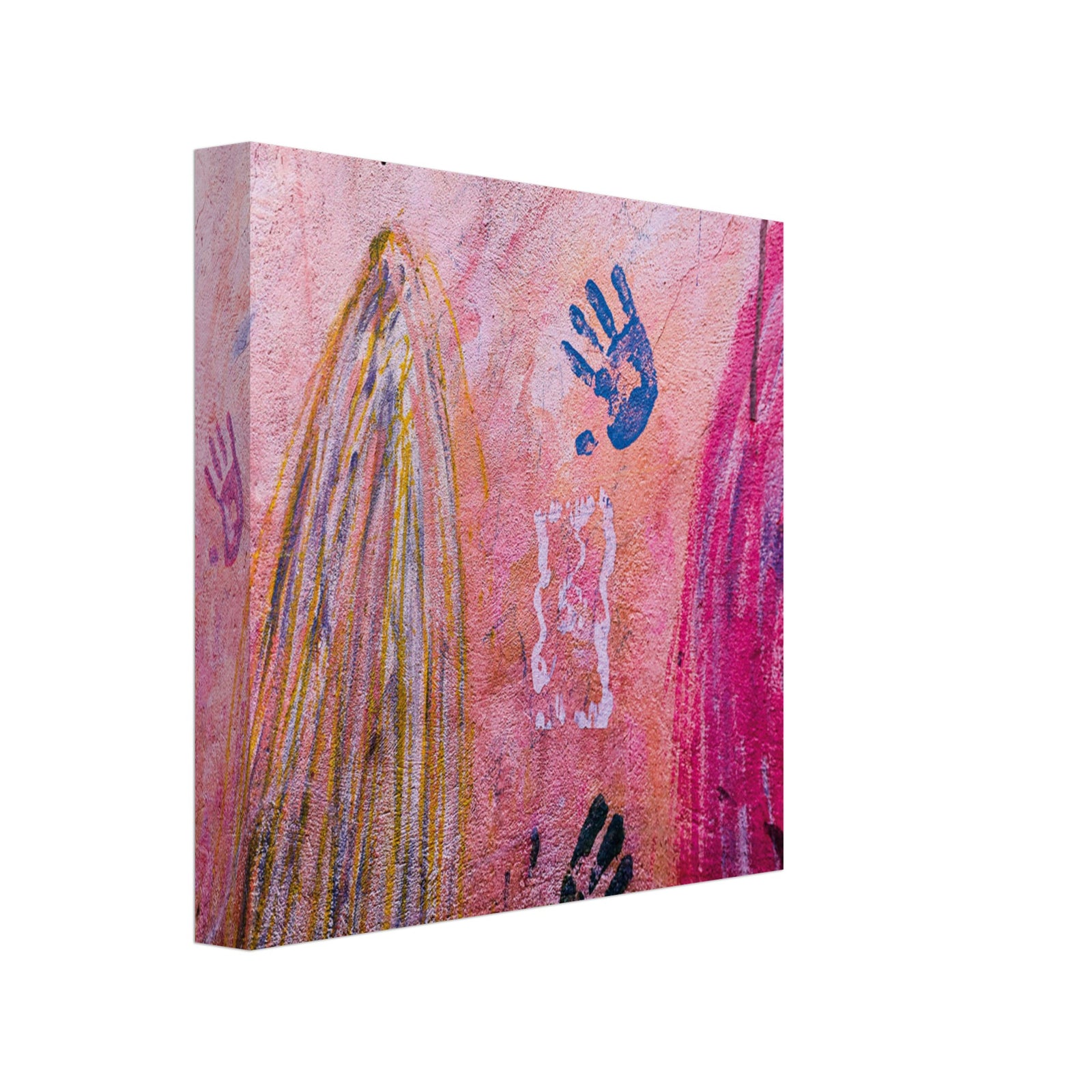 Bright mural art with layered pink and yellow designs.