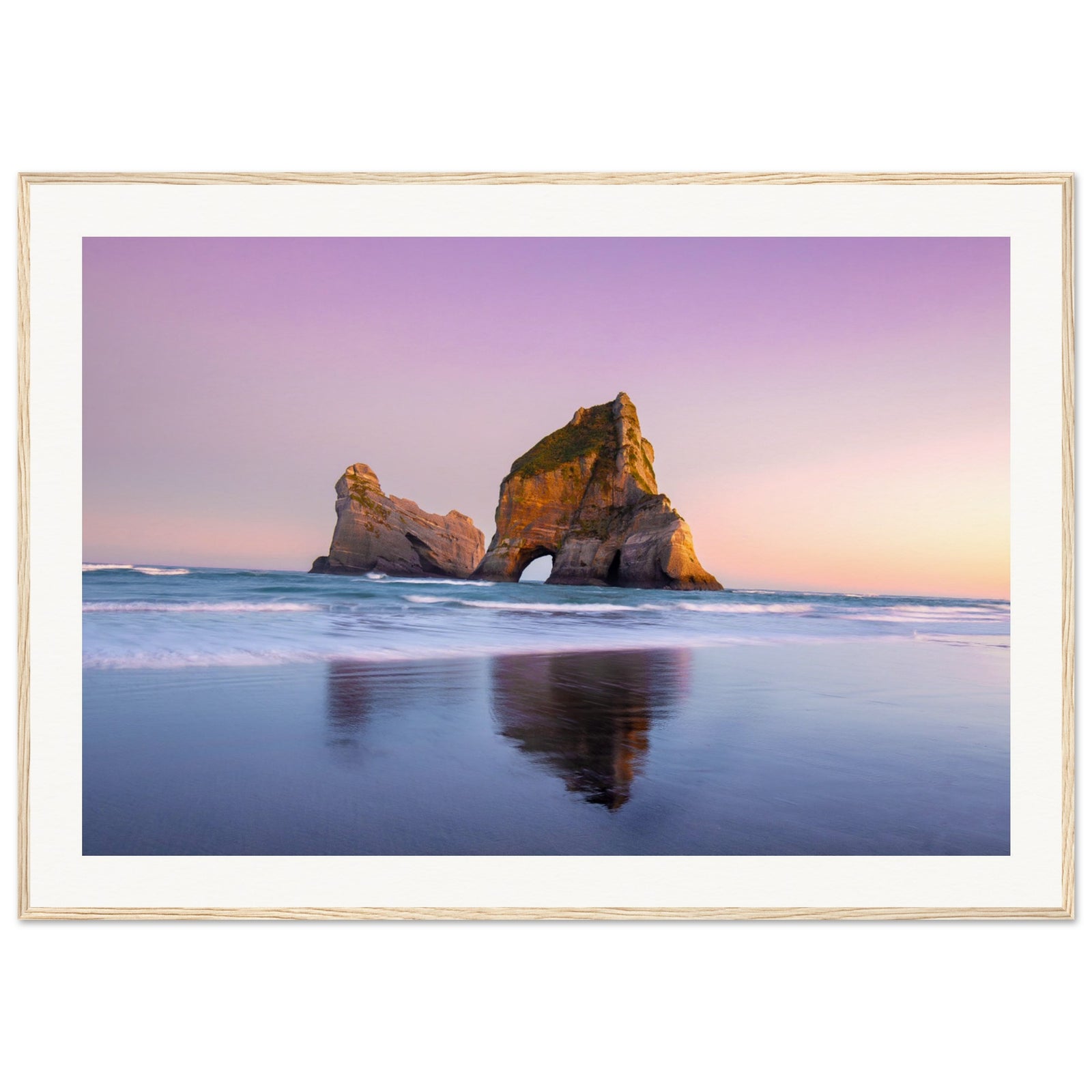 Vertical artwork of beach rock arch with pink-purple skies.