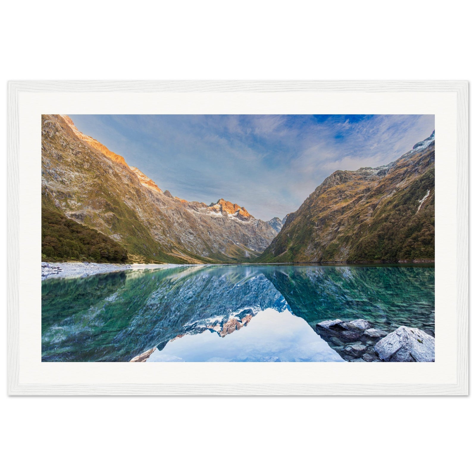 Lake and mountain portrait with reflection and terrain pinpointed.