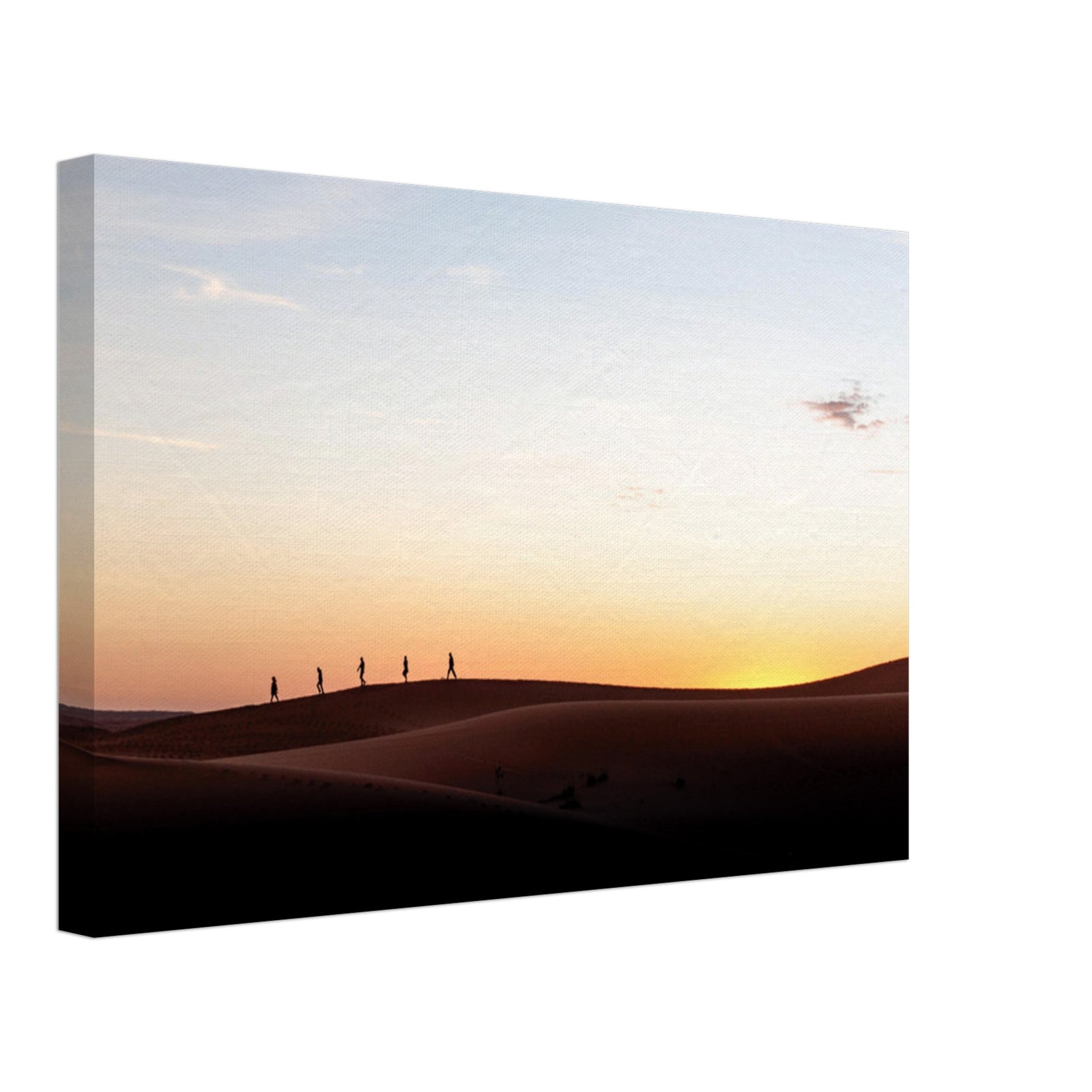 Sunset hike across the rolling dunes of a desert landscape.