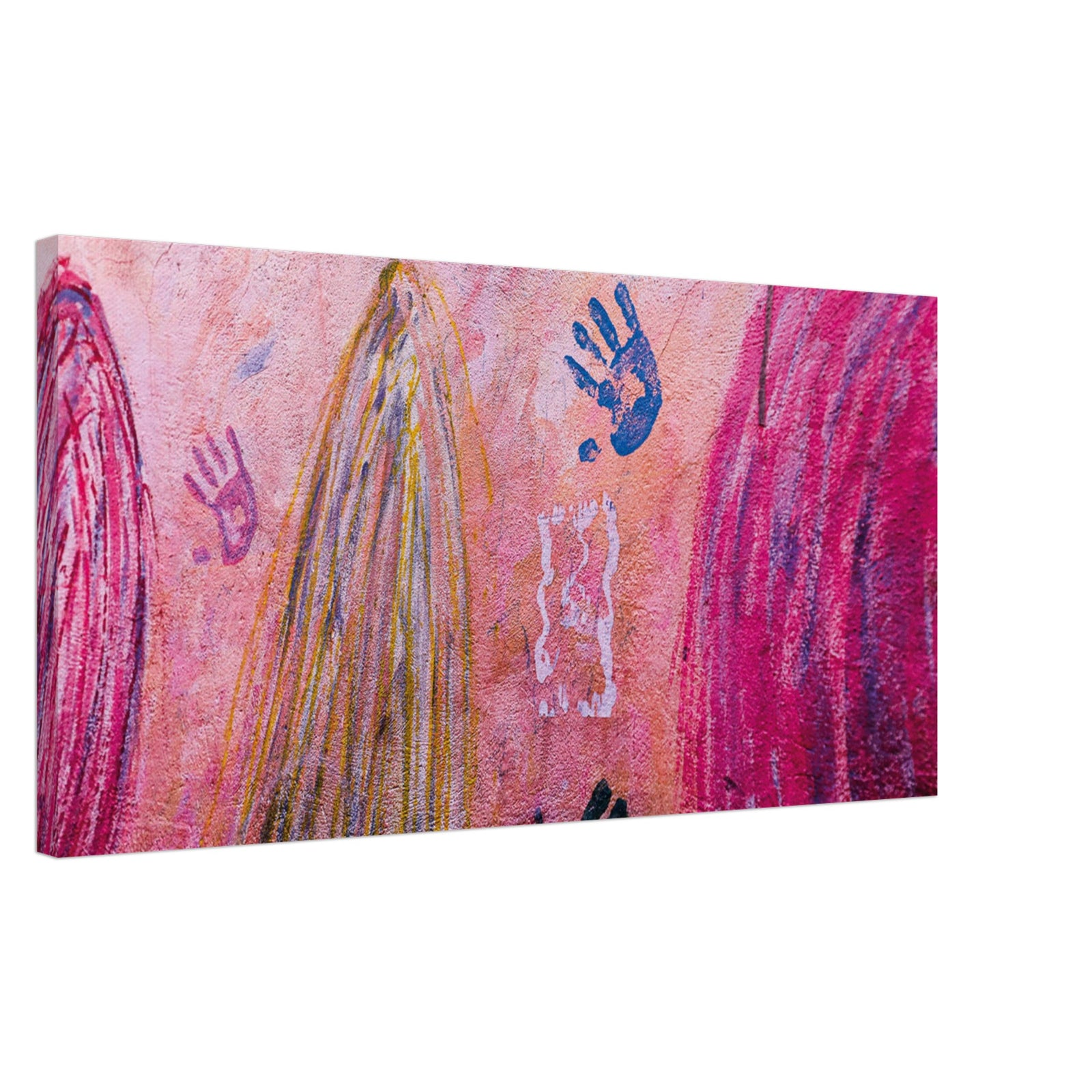 Abstract color play and hand imprints on a gritty wall.