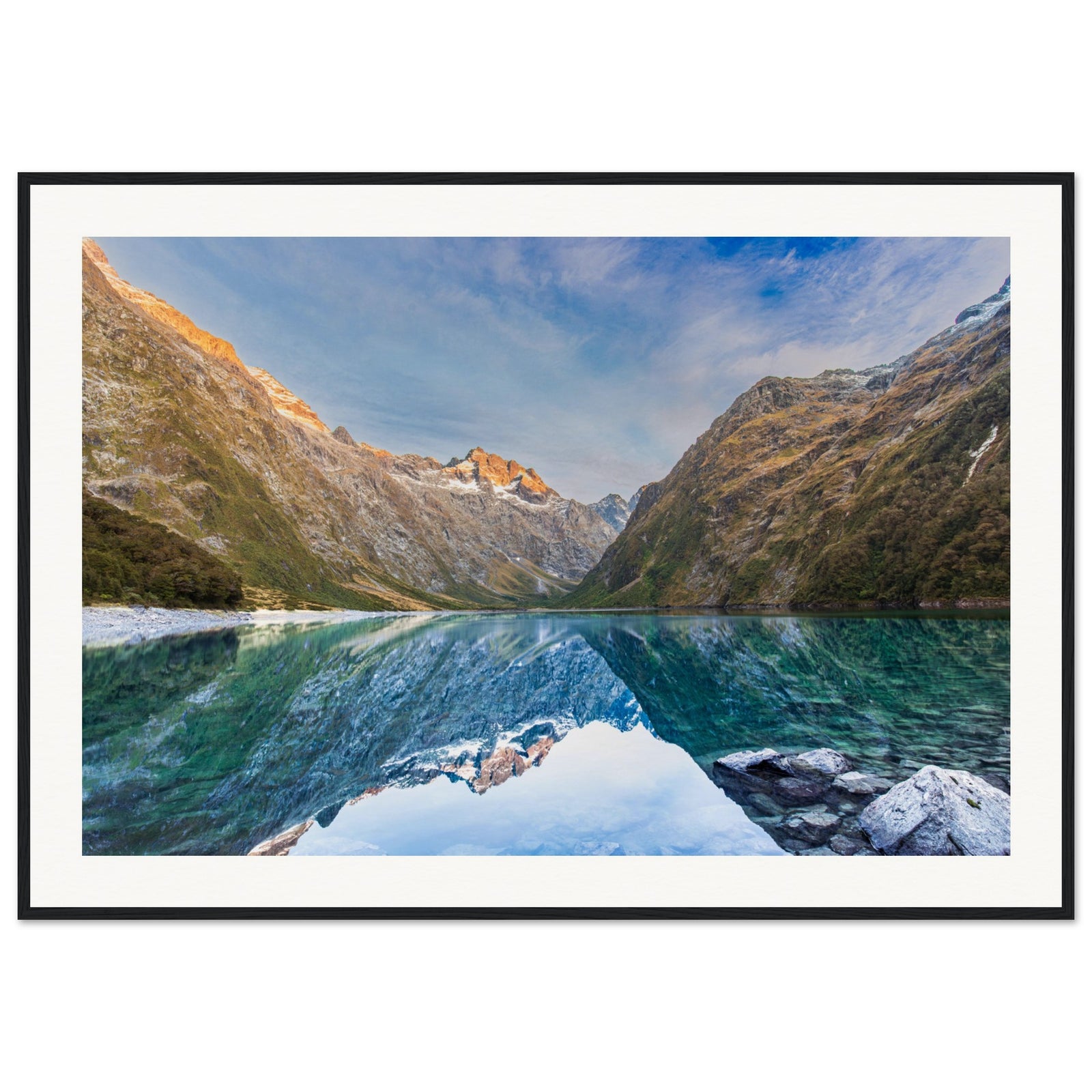 Wall-mounted portrait of a peaceful mountain scene with ridge marking.