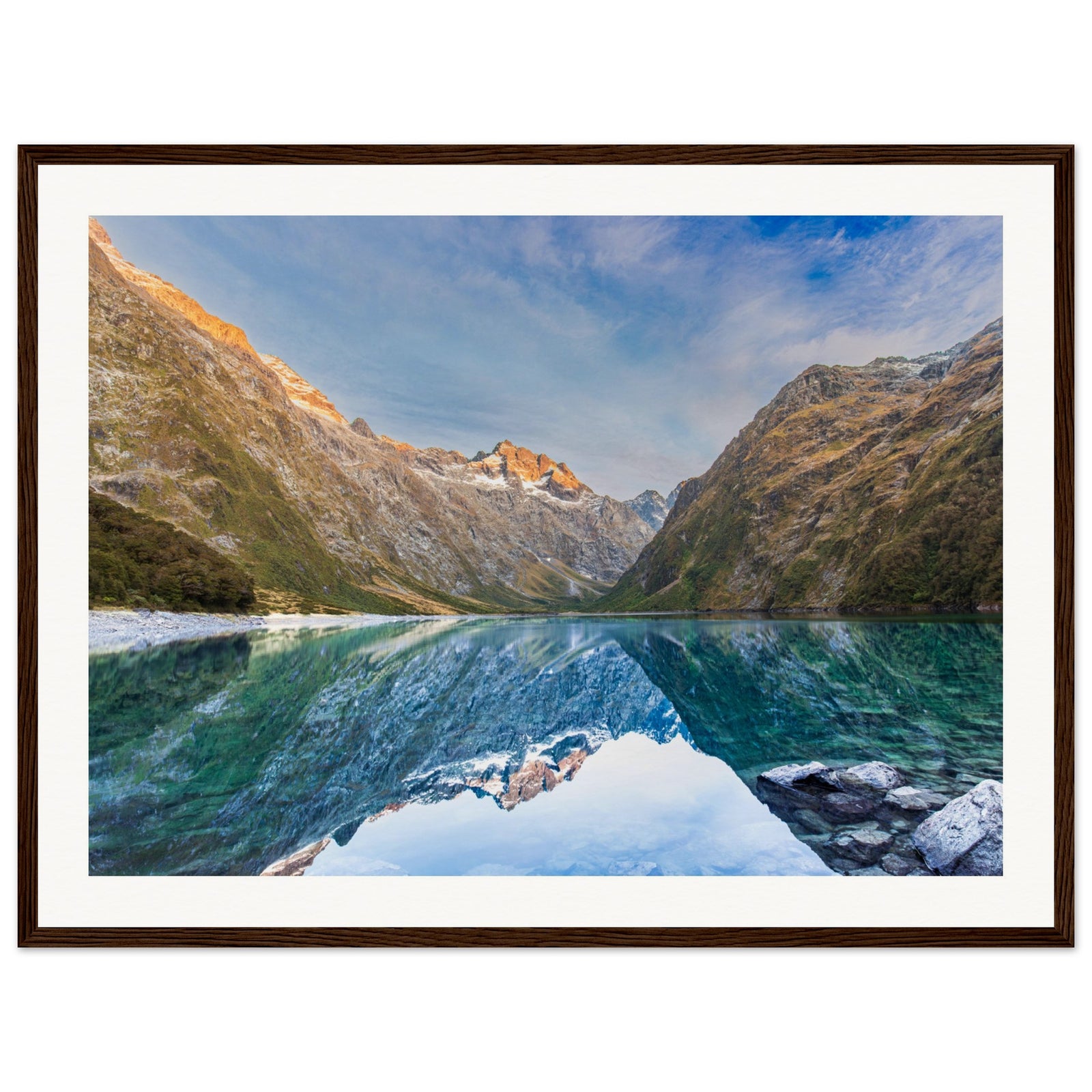 Scenic framed photo of peaks mirrored in lake with blue dot.