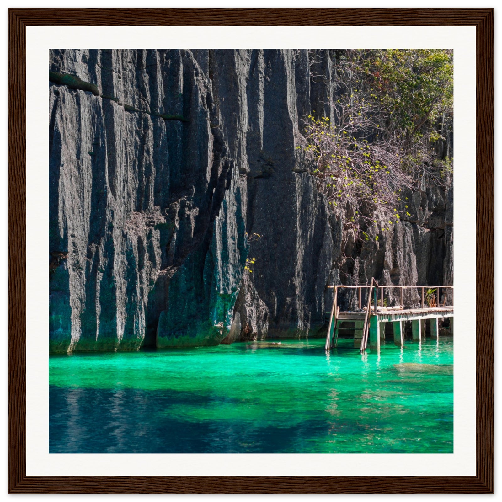 Framed image of jagged stone cliffs meeting calm, green water.