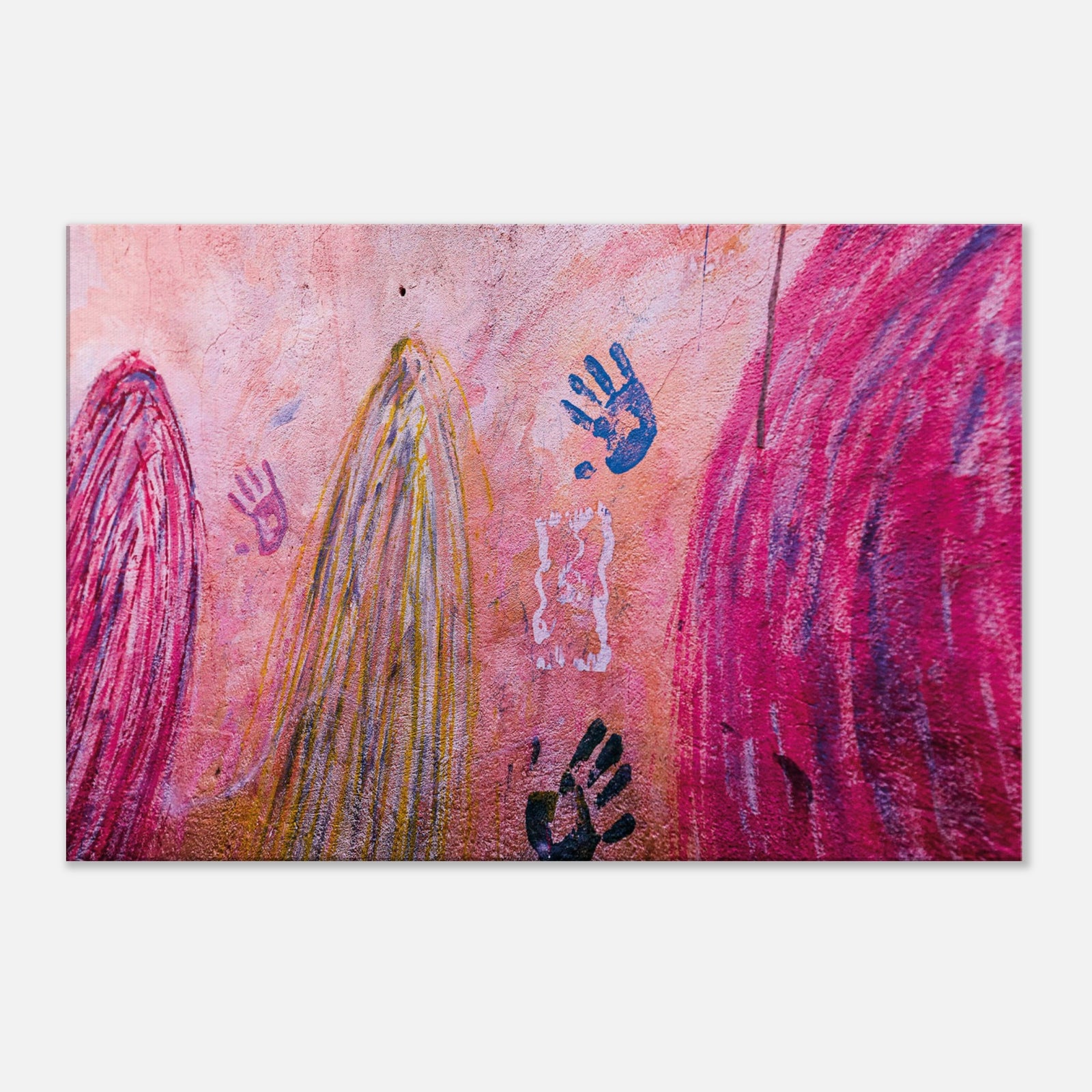 Abstract mural with colorful handprints on a textured wall.