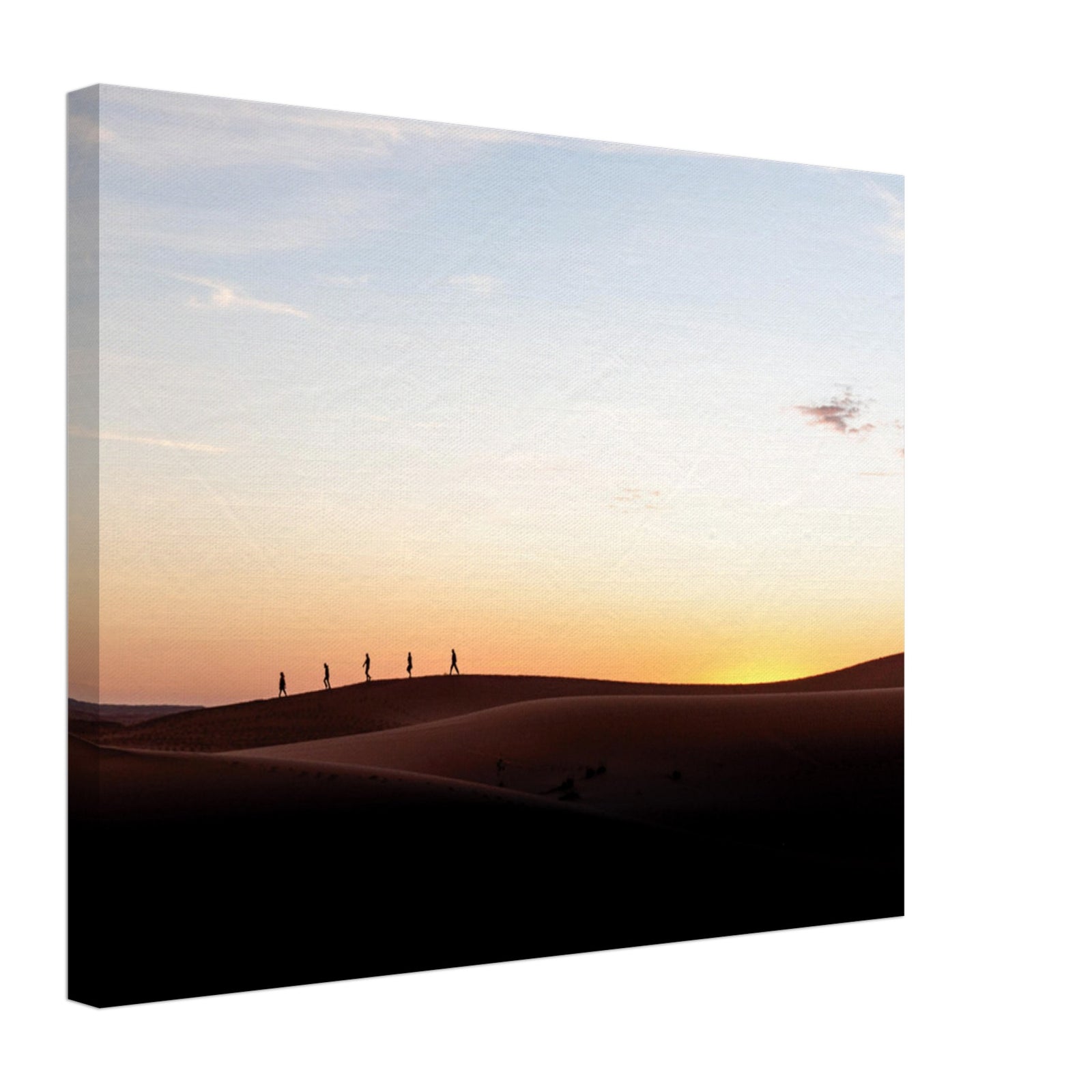 Golden hour trek across smooth desert hills.