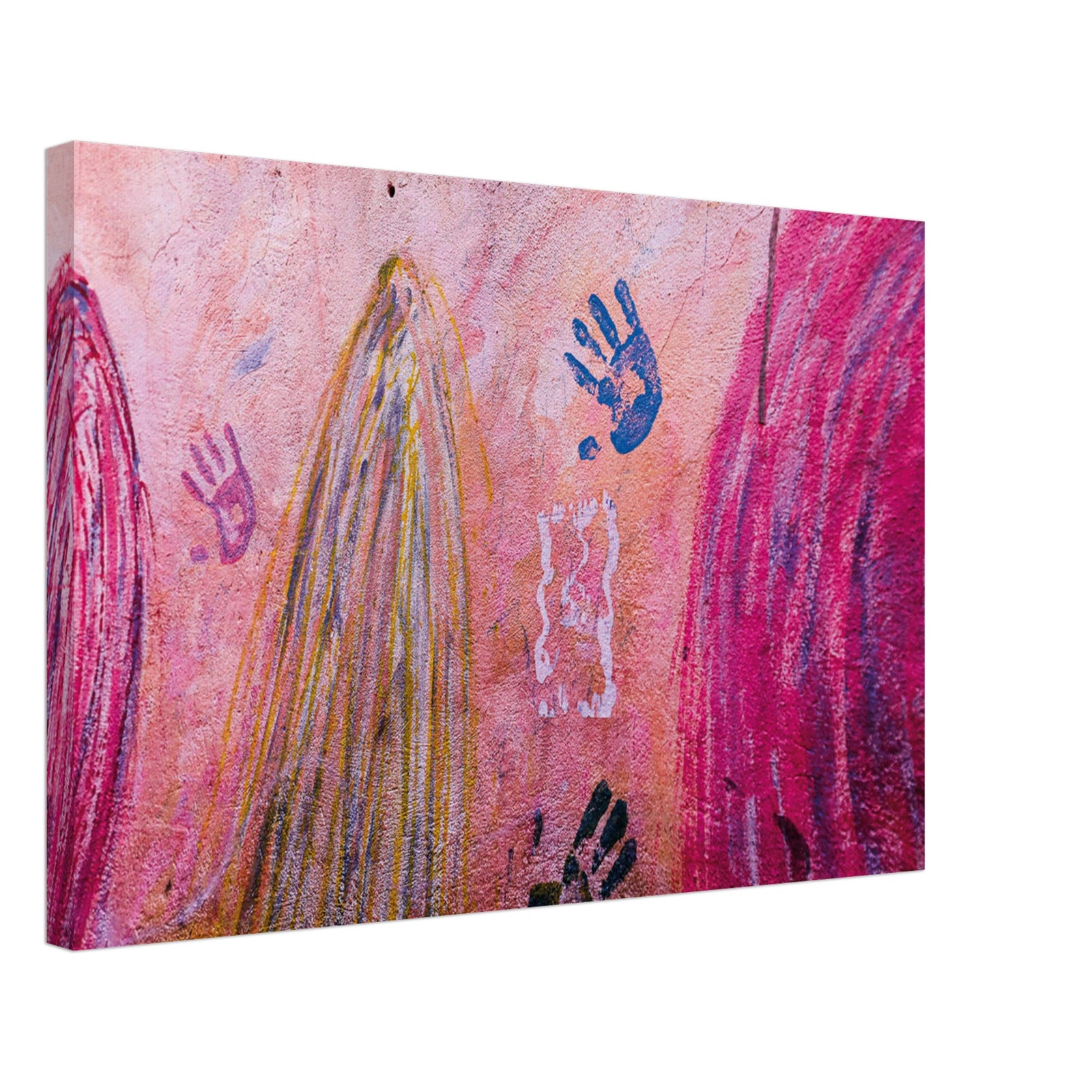 Colorful hand stencils and brush strokes on urban wall.