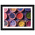Framed image showing festive colored powders in round containers.

