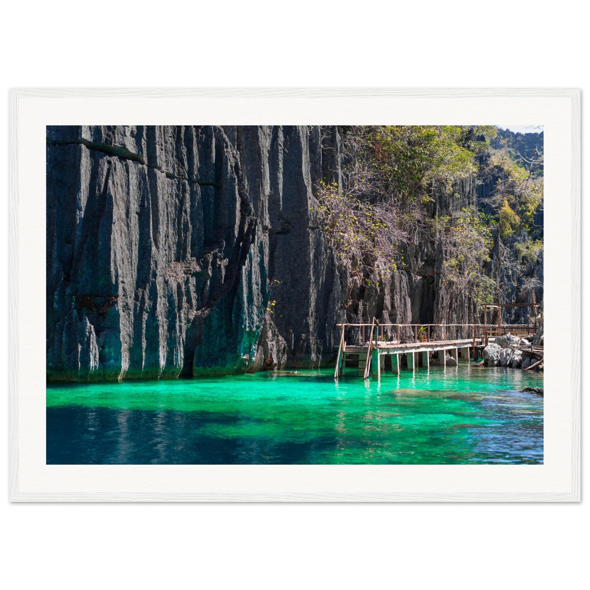 Vertical view of a tropical cove with a wooden bridge and teal water.

