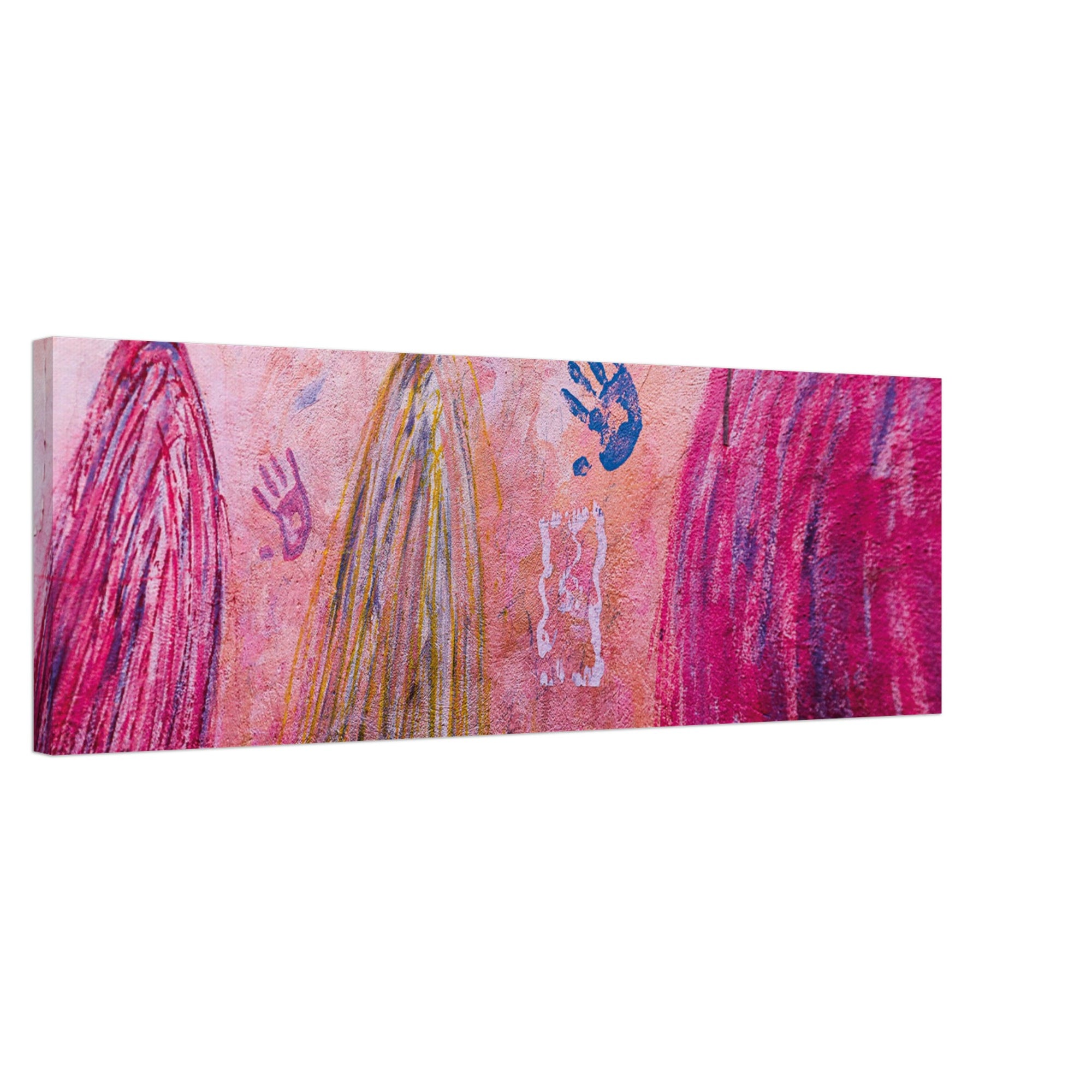 Textured wall covered in layered artistic brushwork.

