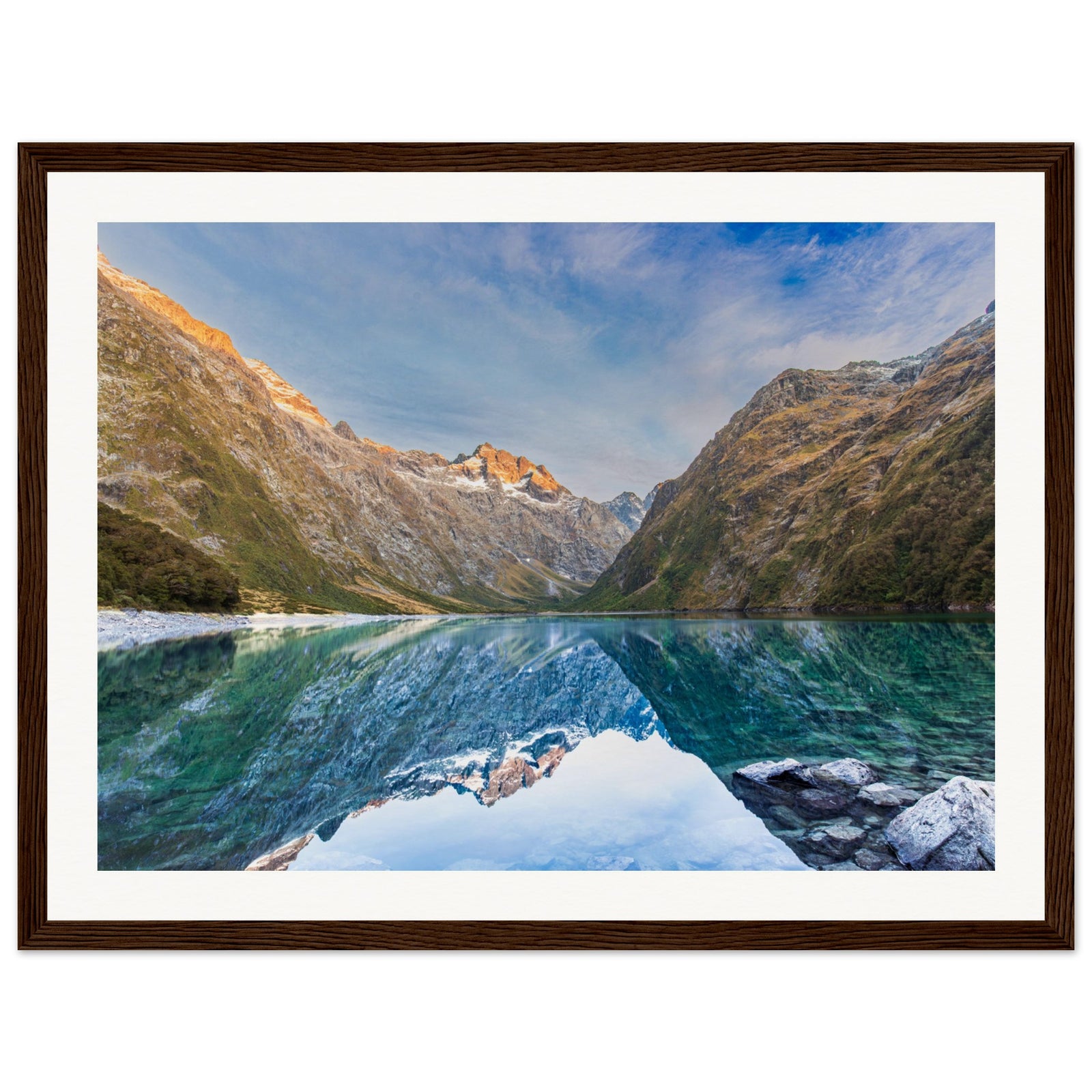 Framed nature scene of lake and peaks, with blue dot marking slope.