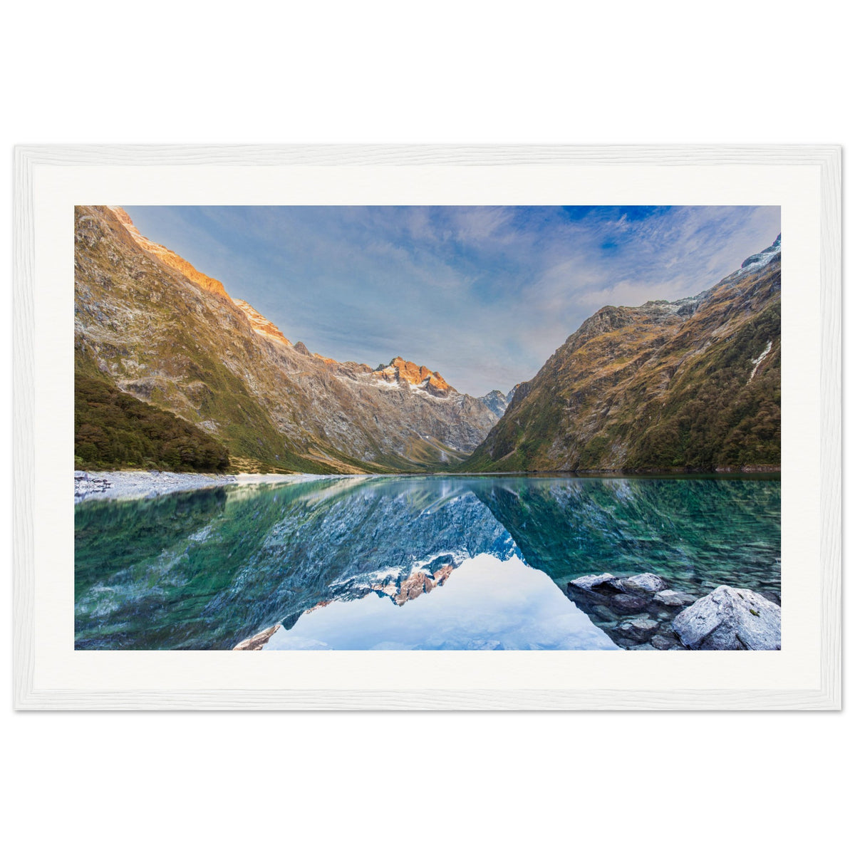 Lake and mountain portrait with reflection and terrain pinpointed.


