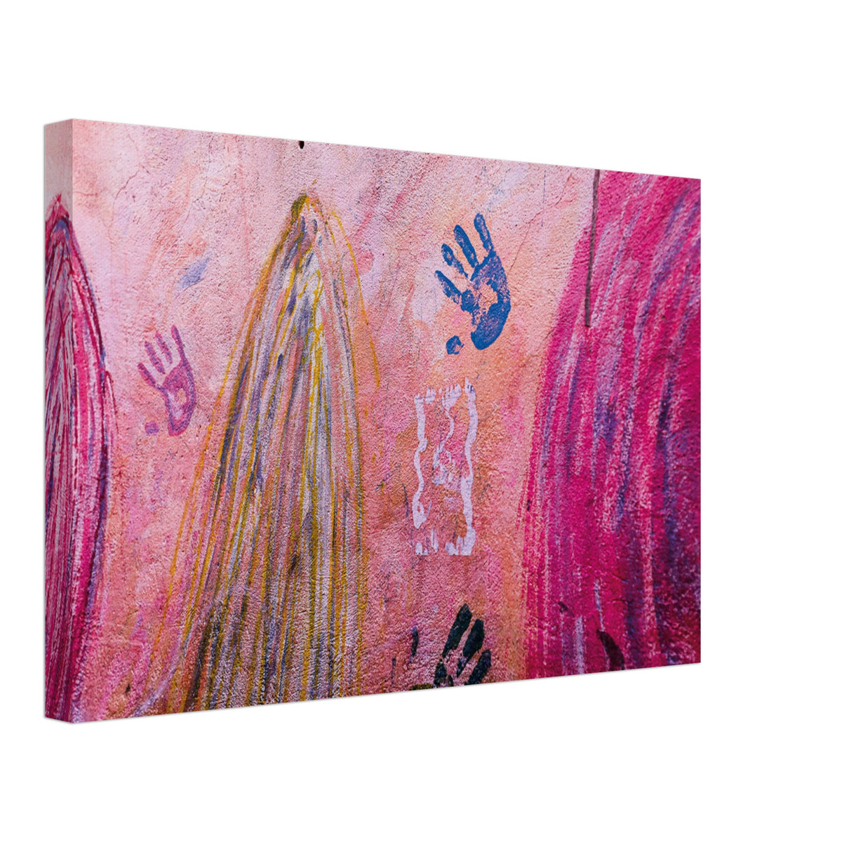 Grungy mural with playful hand shapes and color bursts.

