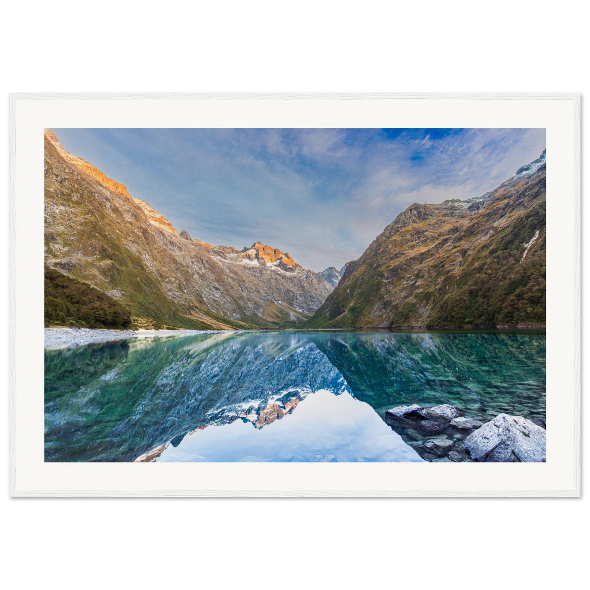 Wall portrait of nature with lake reflections and terrain dot.

