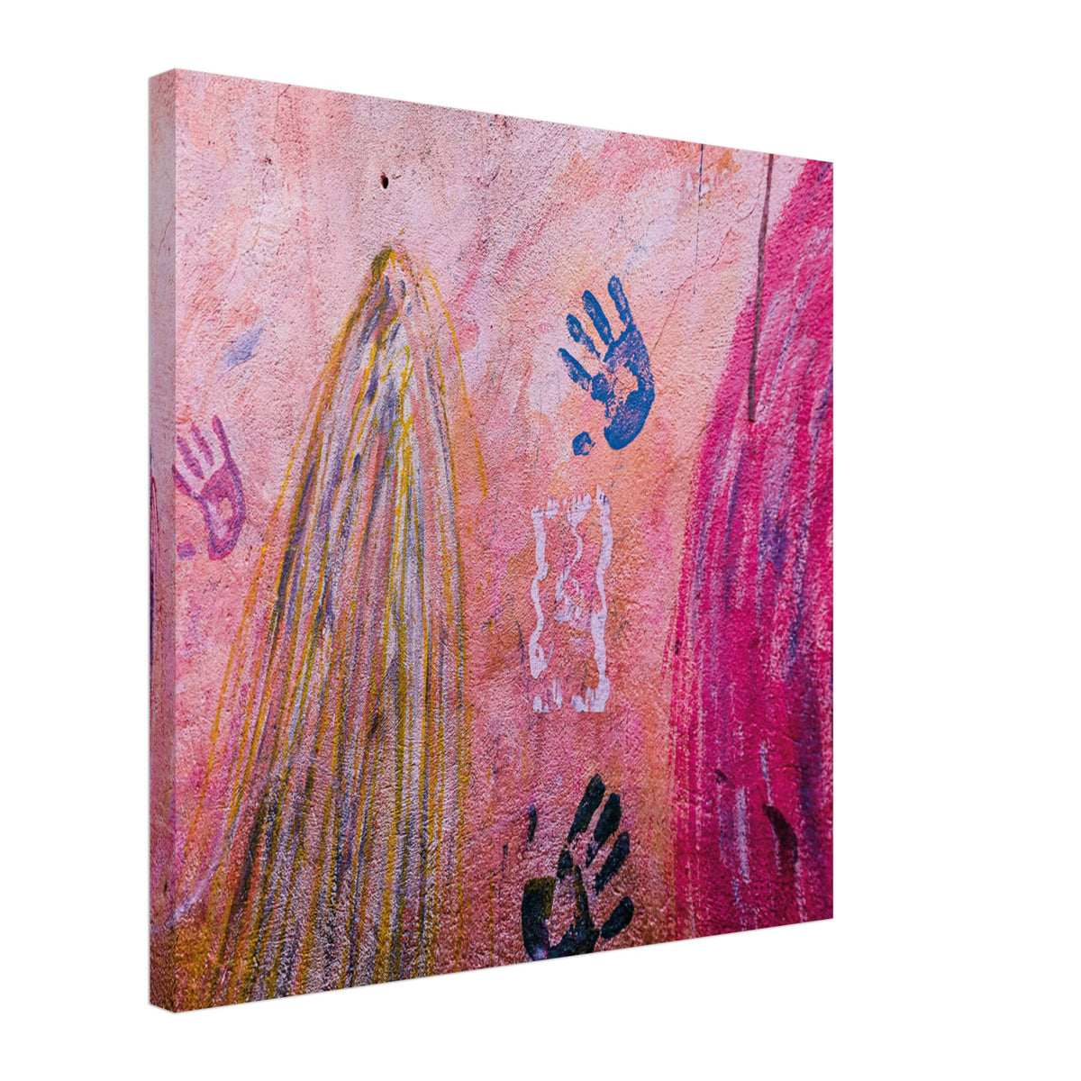 Primitive-style graffiti art with layered colors.

