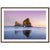 Soothing beach scene with rock formation in pastel sky.

