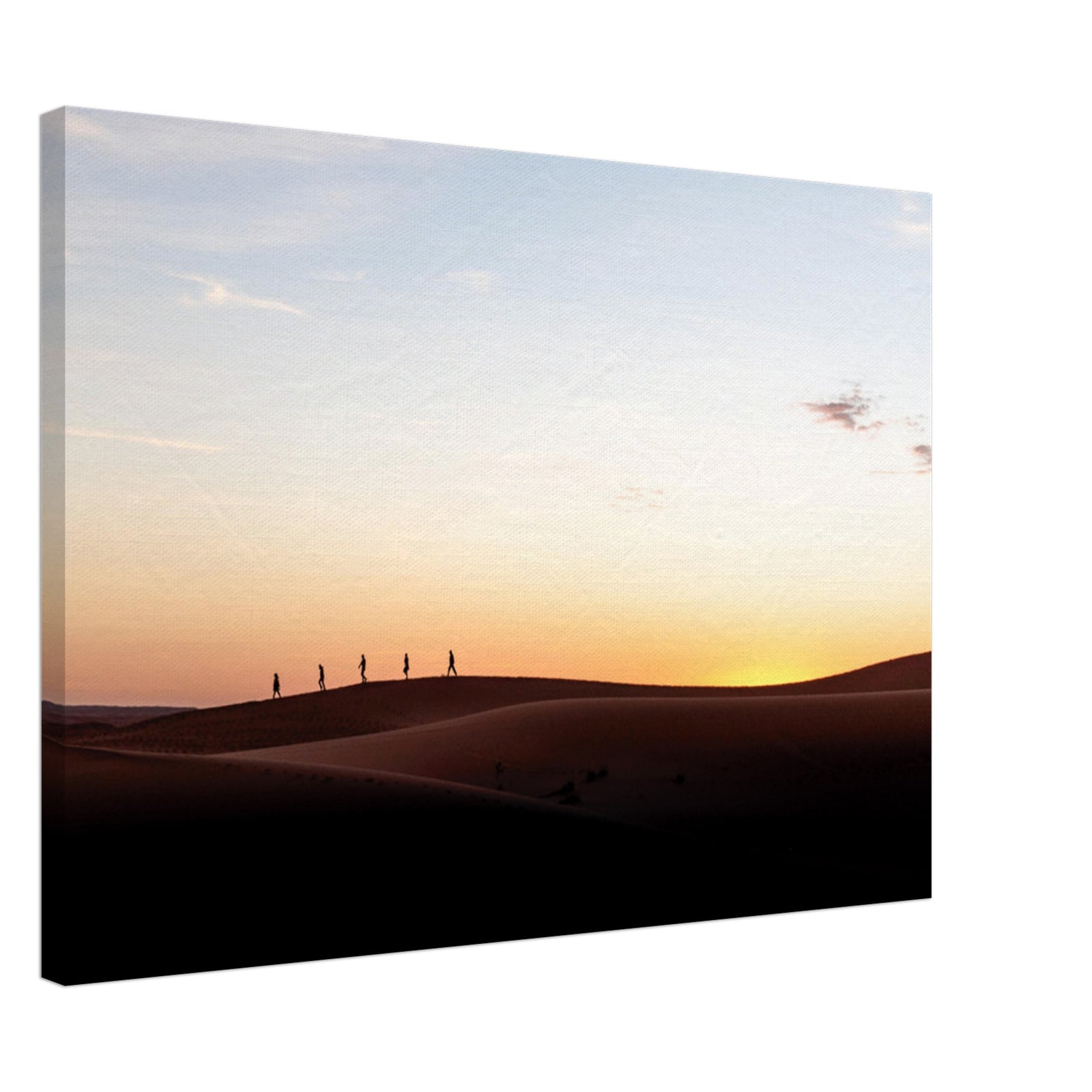 Minimalist desert silhouette scene with setting sun.

