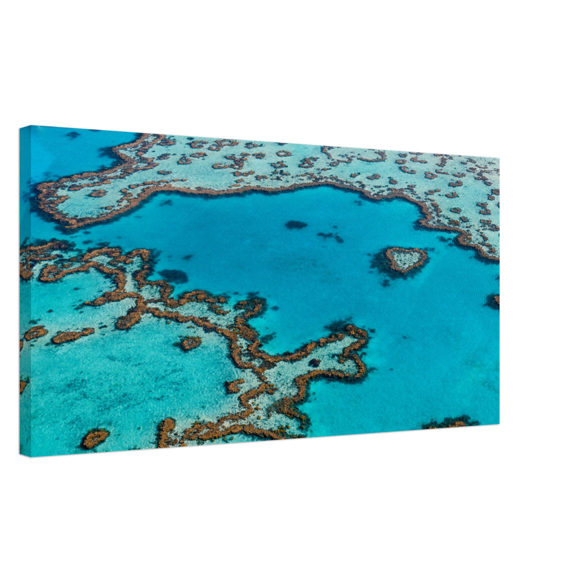 Aerial shot of shallow reef patterns in the ocean.

