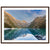 Scenic framed photo of peaks mirrored in lake with blue dot.

