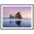 Vertical beach scene with sea stack and purple sky in a frame.