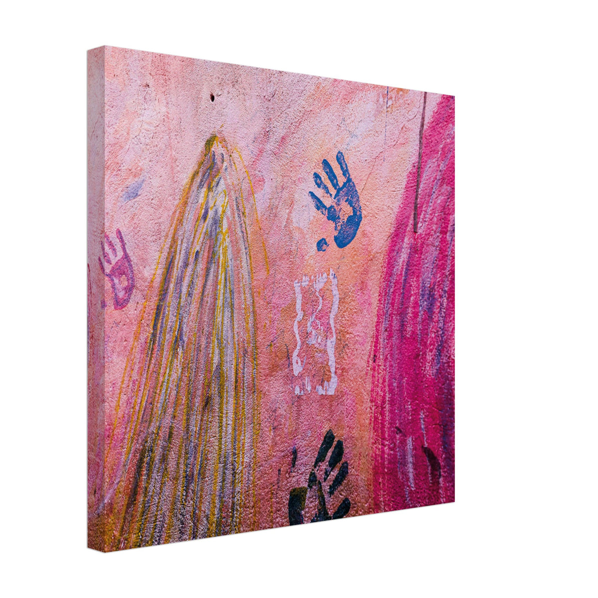 Painted wall with childlike handprints and flowing lines.

