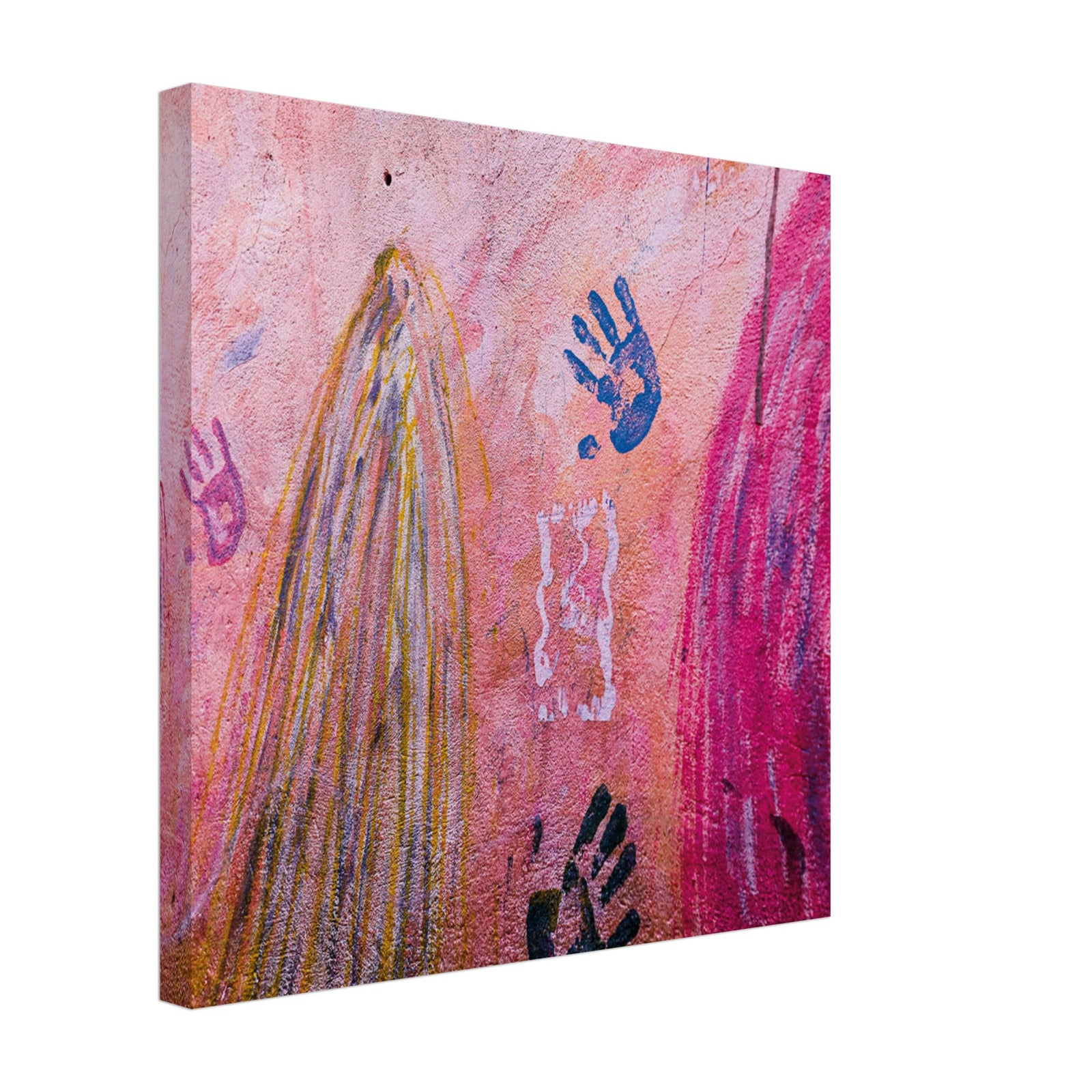 Painted wall with childlike handprints and flowing lines.

