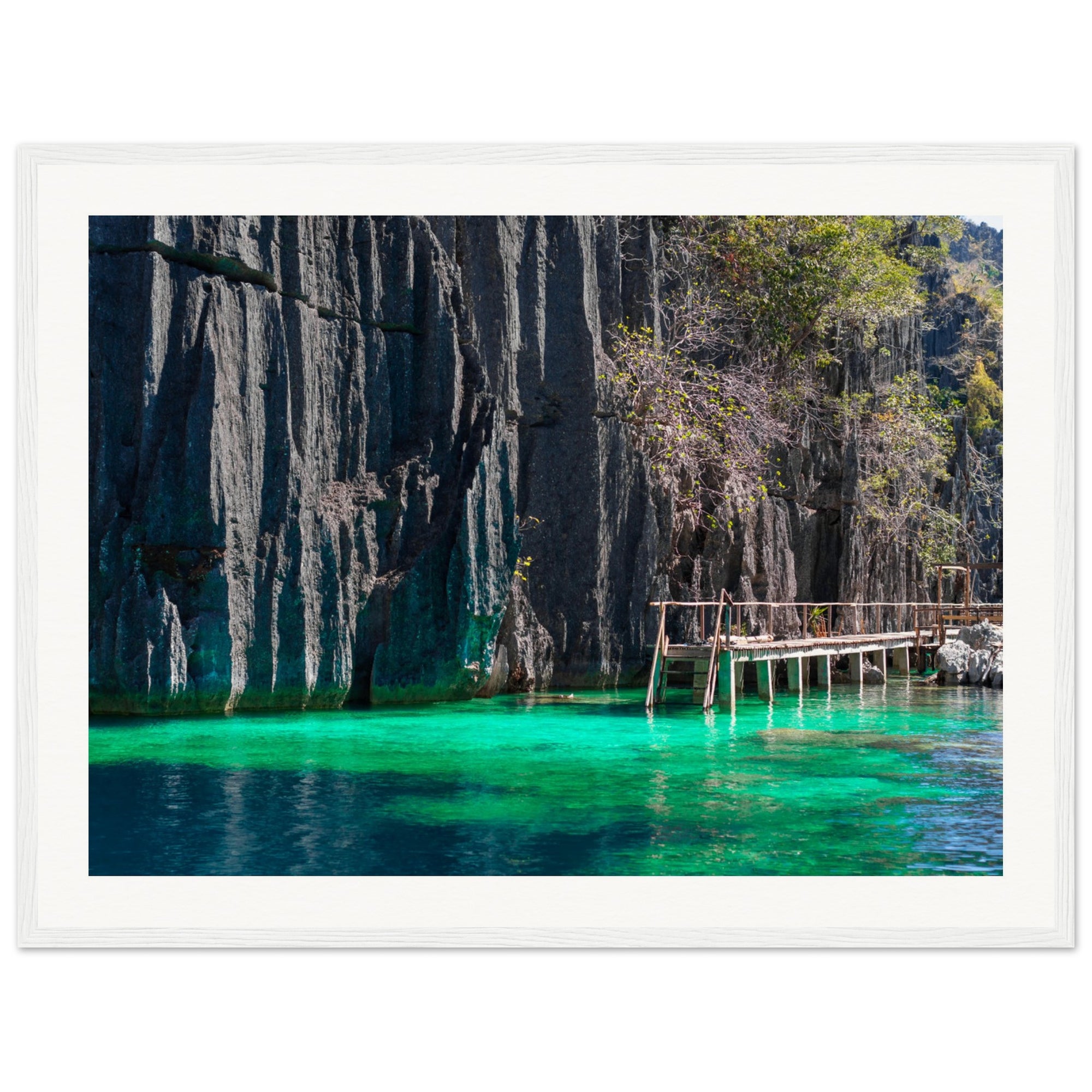 Clear green waters lap against vertical rocks in a framed nature photo.


