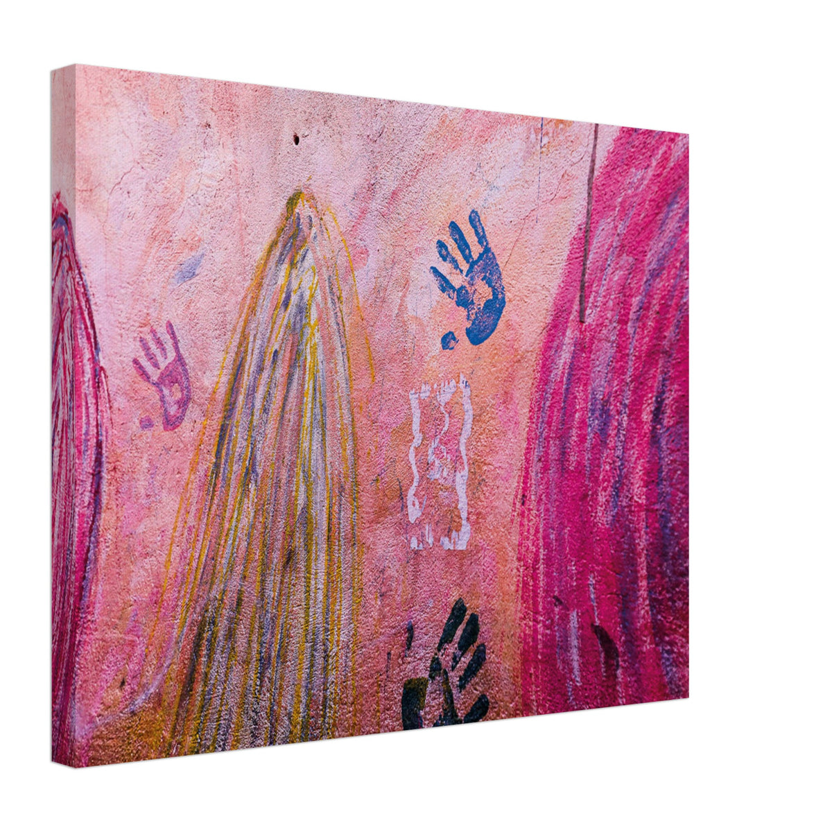 Graffiti wall with expressive handprints and bold colors.

