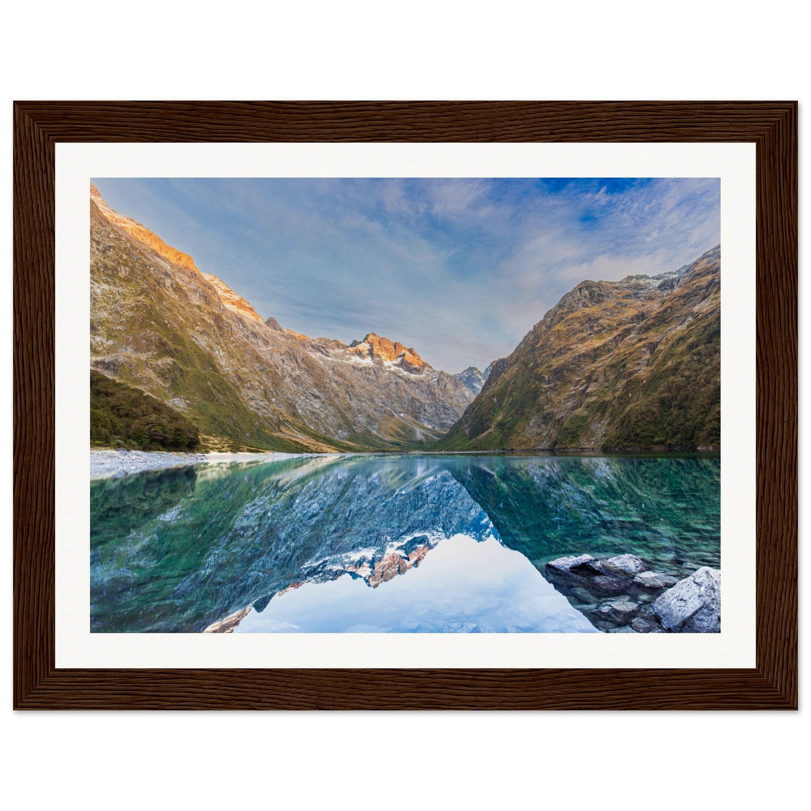 Portrait print of landscape with calm lake and marked slope.

