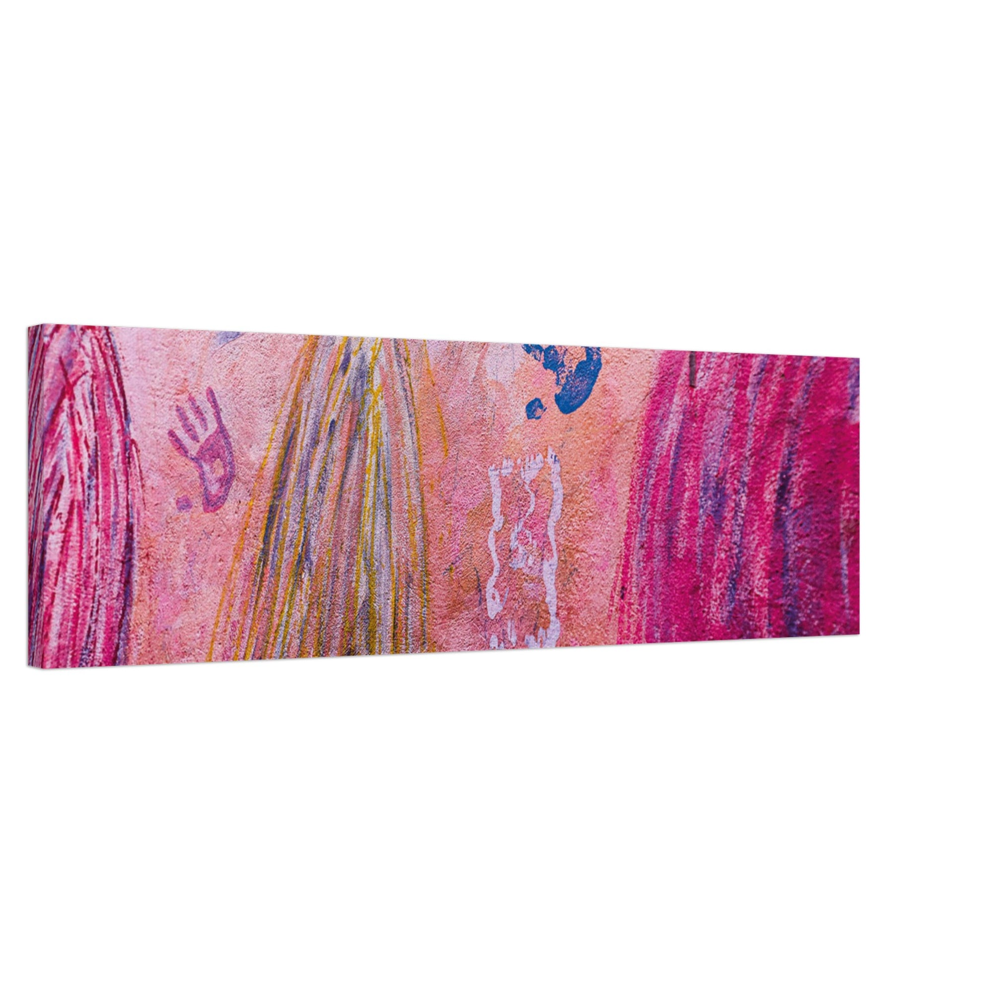 Street art mural showing various handprints in vivid tones.

