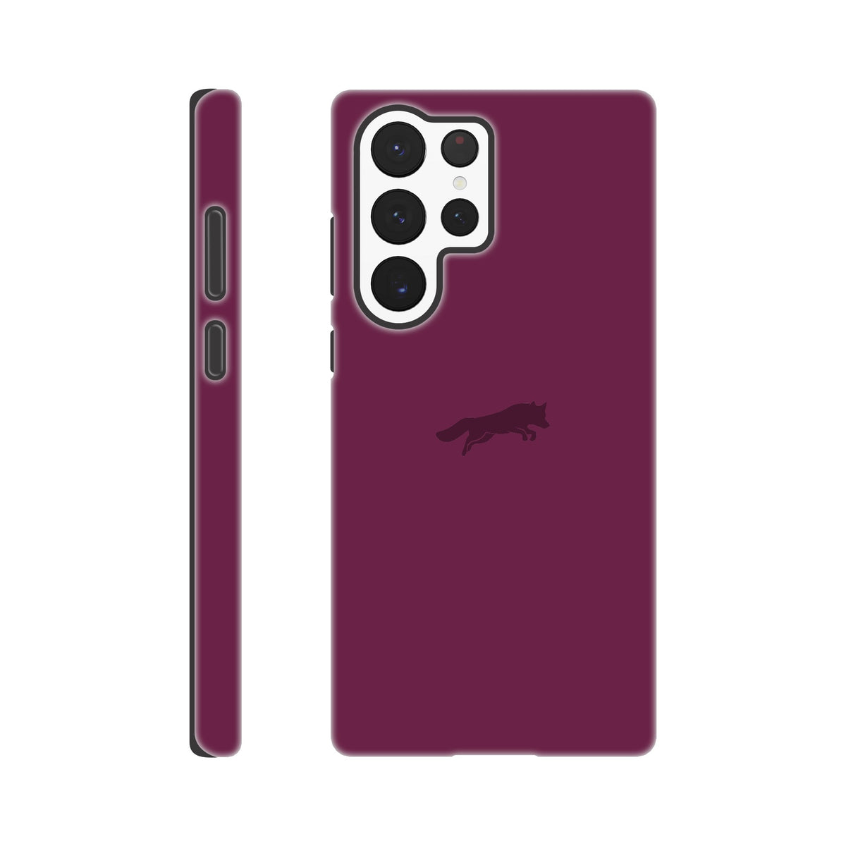 Burgundy phone case with minimalist wolf emblem.
