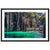 Tranquil green lagoon with rocky cliffs and a rustic dock in wall art.


