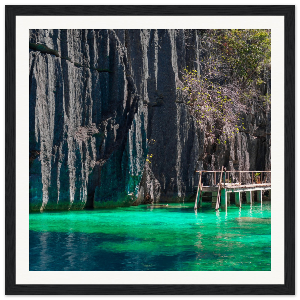 Framed tropical dockside view with lush cliffs and vivid water.

