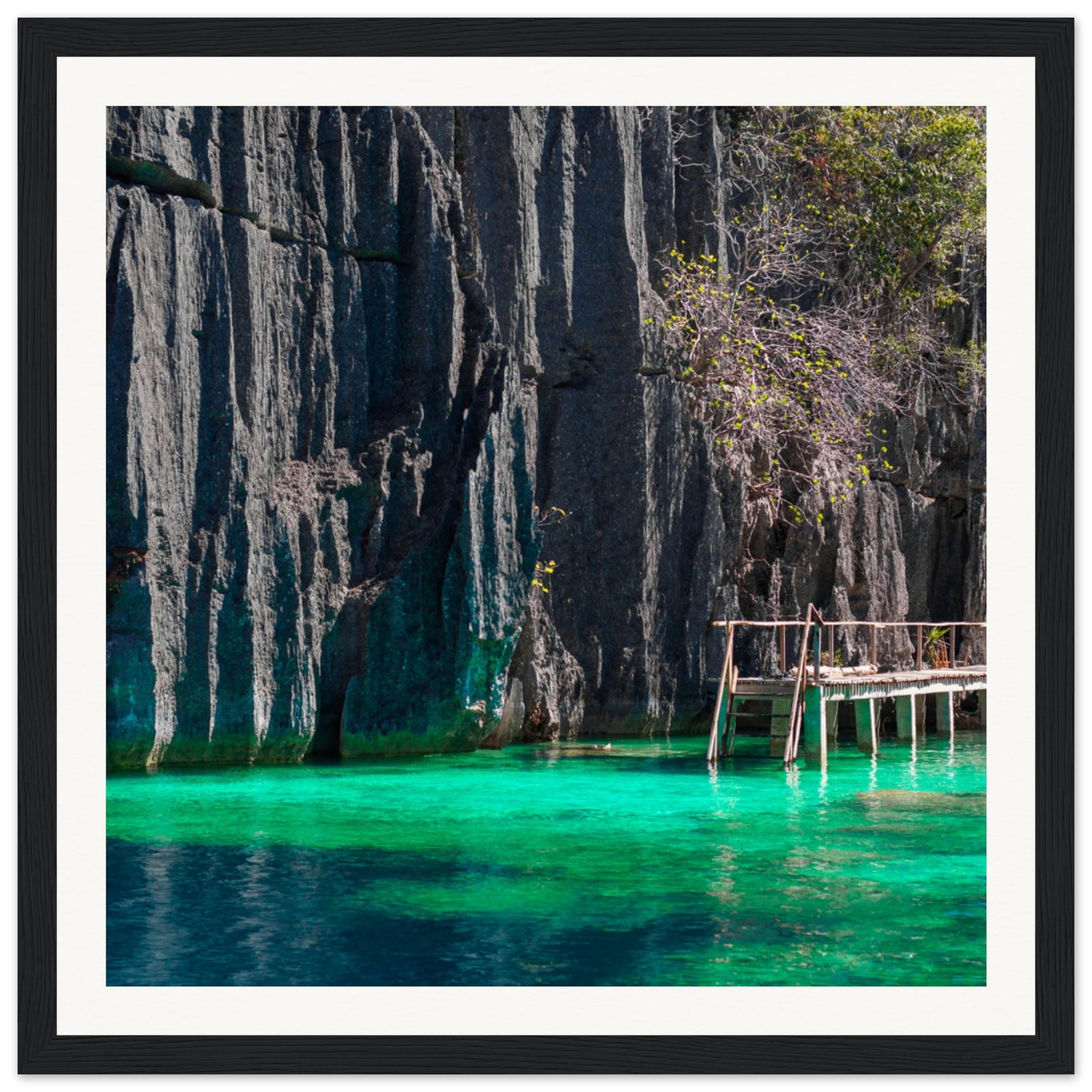Framed tropical dockside view with lush cliffs and vivid water.


