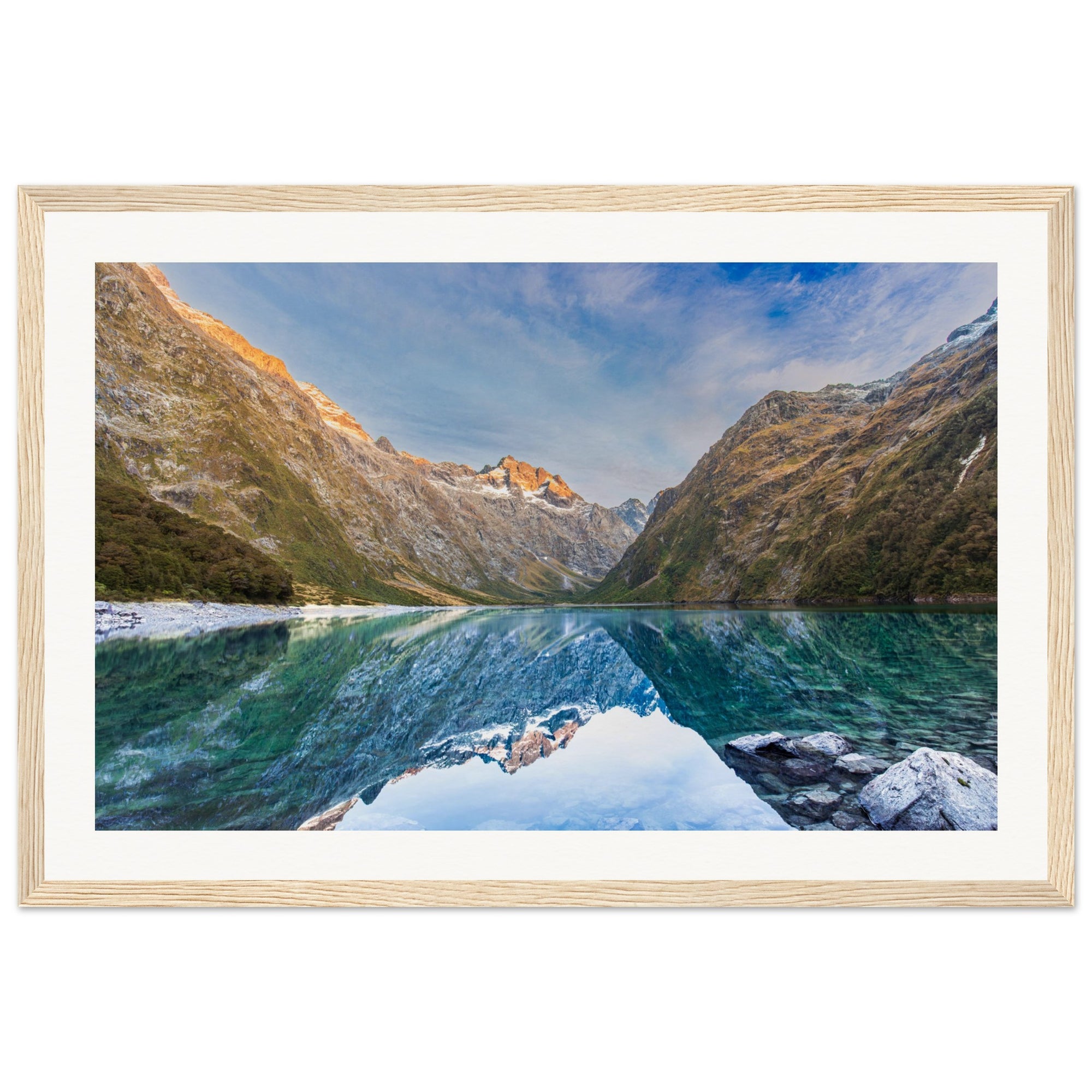 Framed alpine portrait with a pinpoint on the mountain slope.

