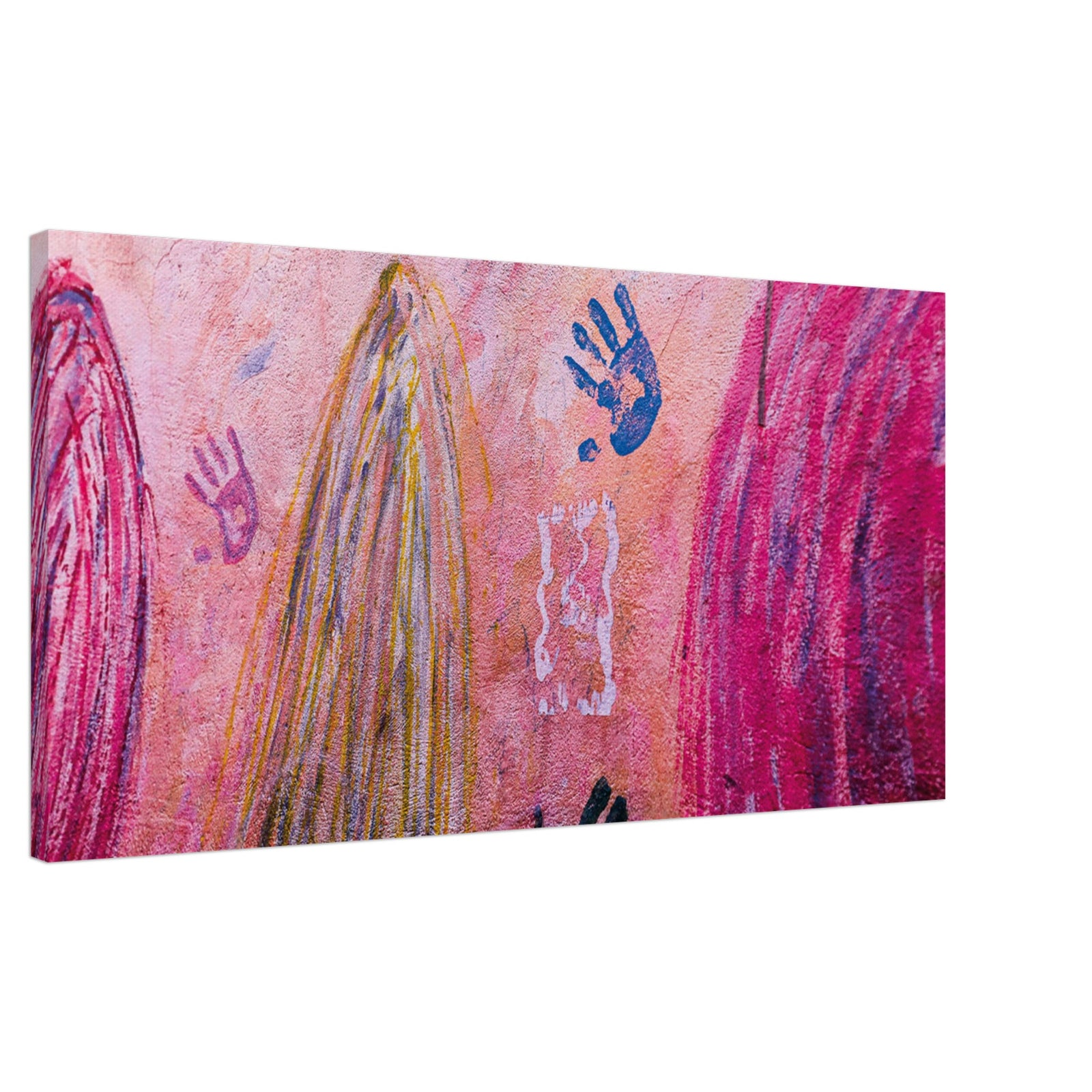 Artistic wall with overlapping red, yellow, and black strokes.

