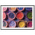 Wall art showing natural powders in red, blue, green, and yellow hues.

