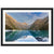 Portrait landscape art showing lake, peaks, and a blue marker.

