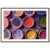 Framed abstract of bowls containing dry, crushed pigments.

