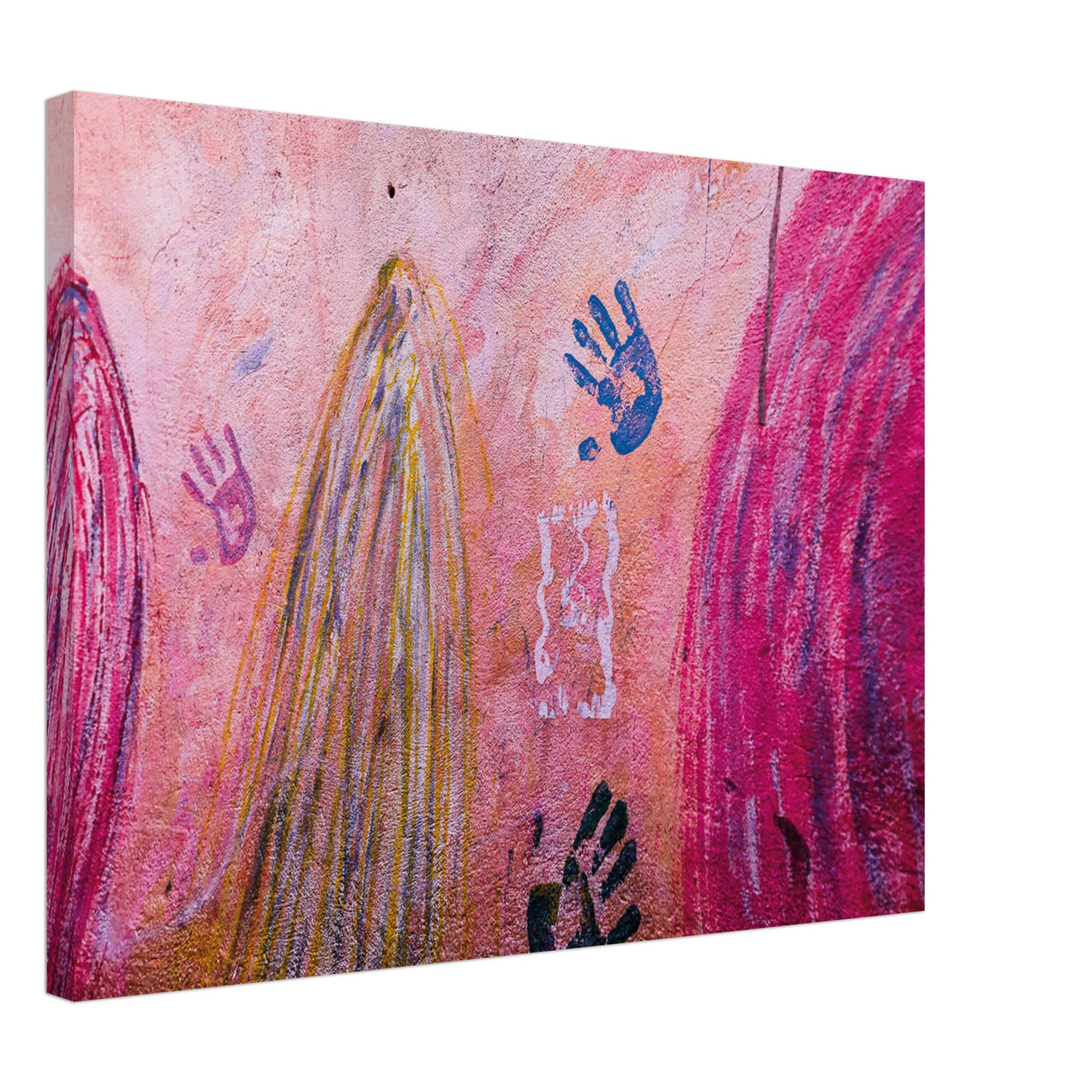 Colorful artistic wall with hand motifs and streaks.

