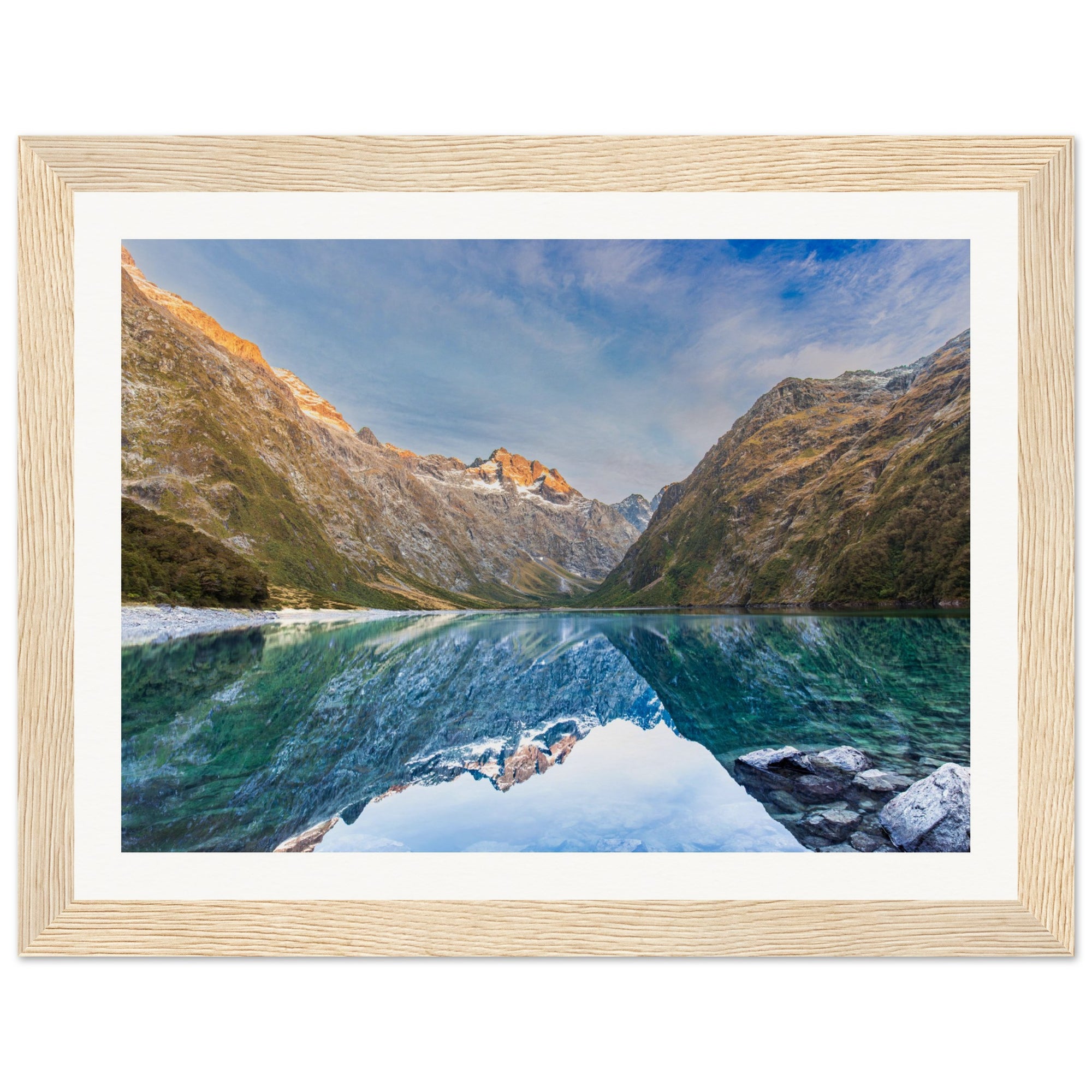 Portrait wall art of a mountain lake with a blue dot on the ridge.

