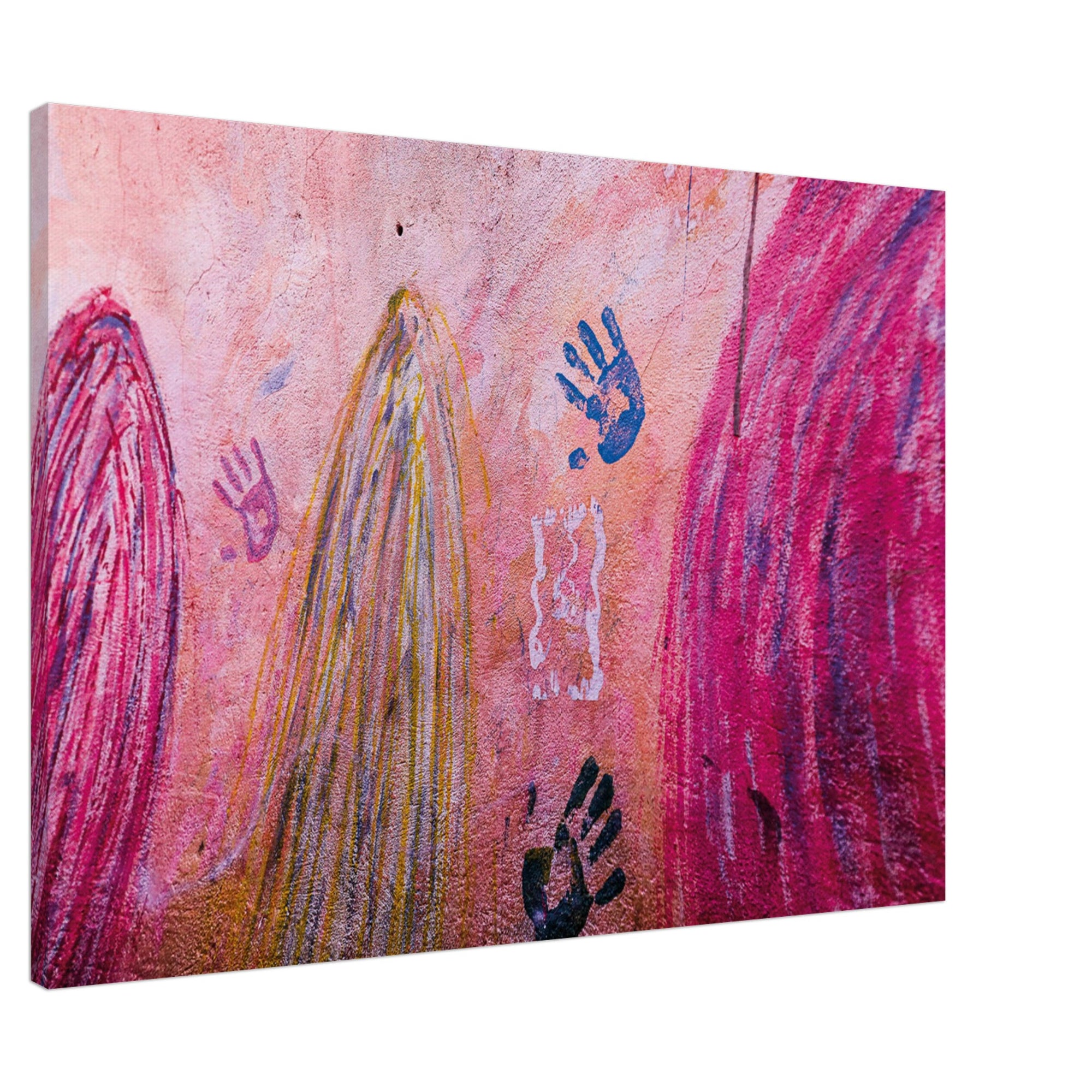 Art wall with mysterious shapes and stenciled hands.

