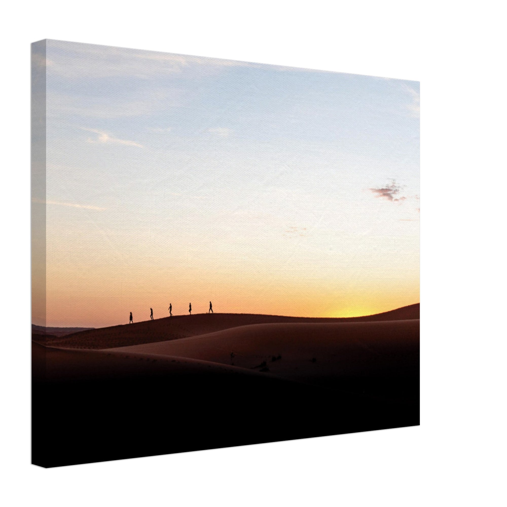 Golden hour trek across smooth desert hills.

