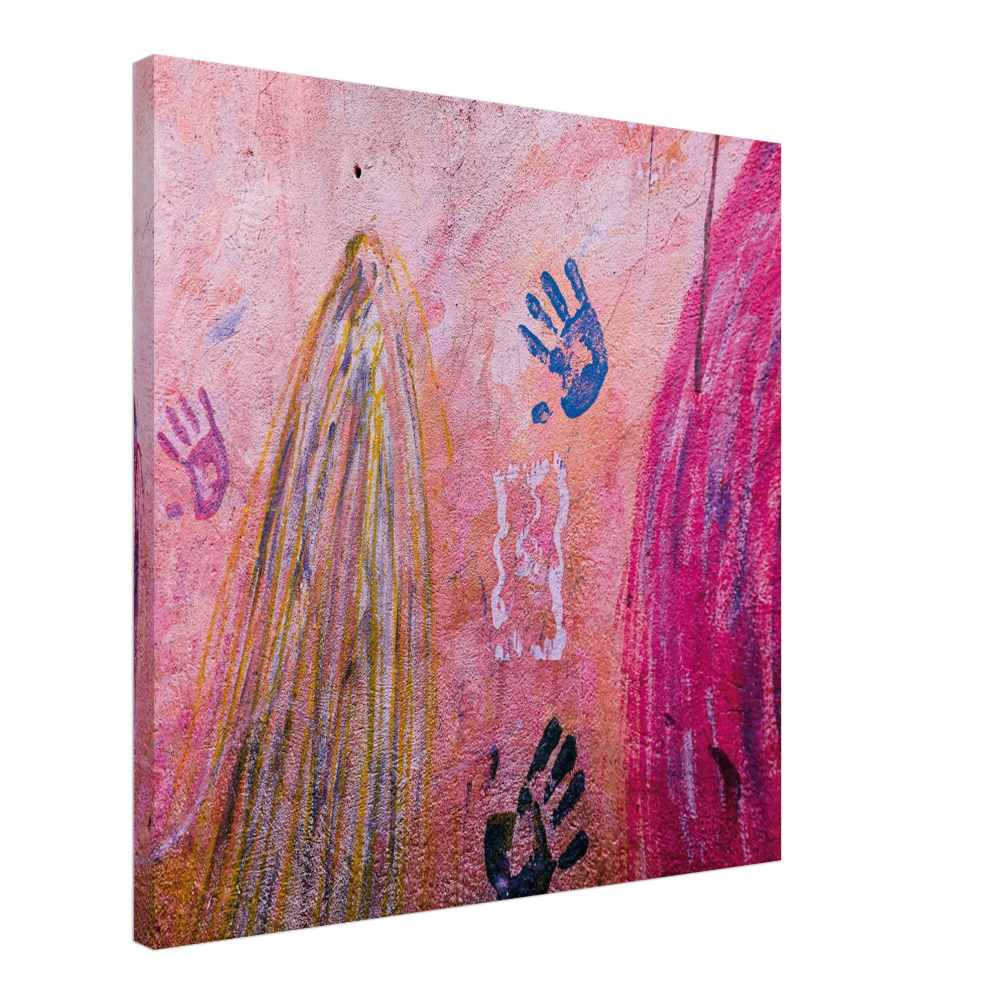 Painted hand silhouettes on a textured pink wall.

