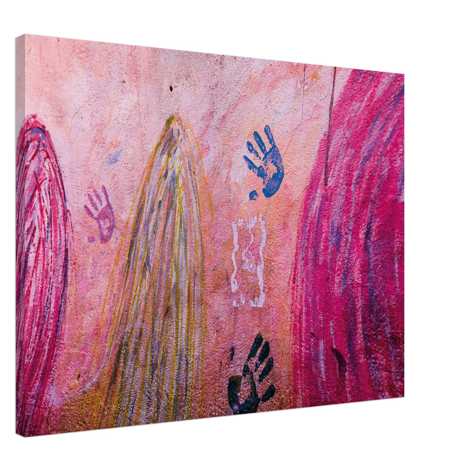Decorative wall painting with stylized hand impressions.

