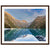 Framed mountain print with glassy lake and blue dot marker.

