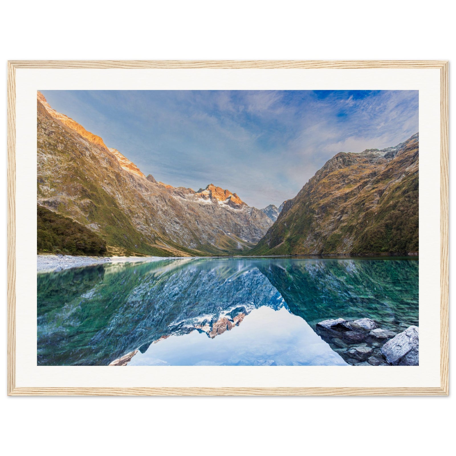 Vertical artwork of mirrored lake and mountain with ridge marked.

