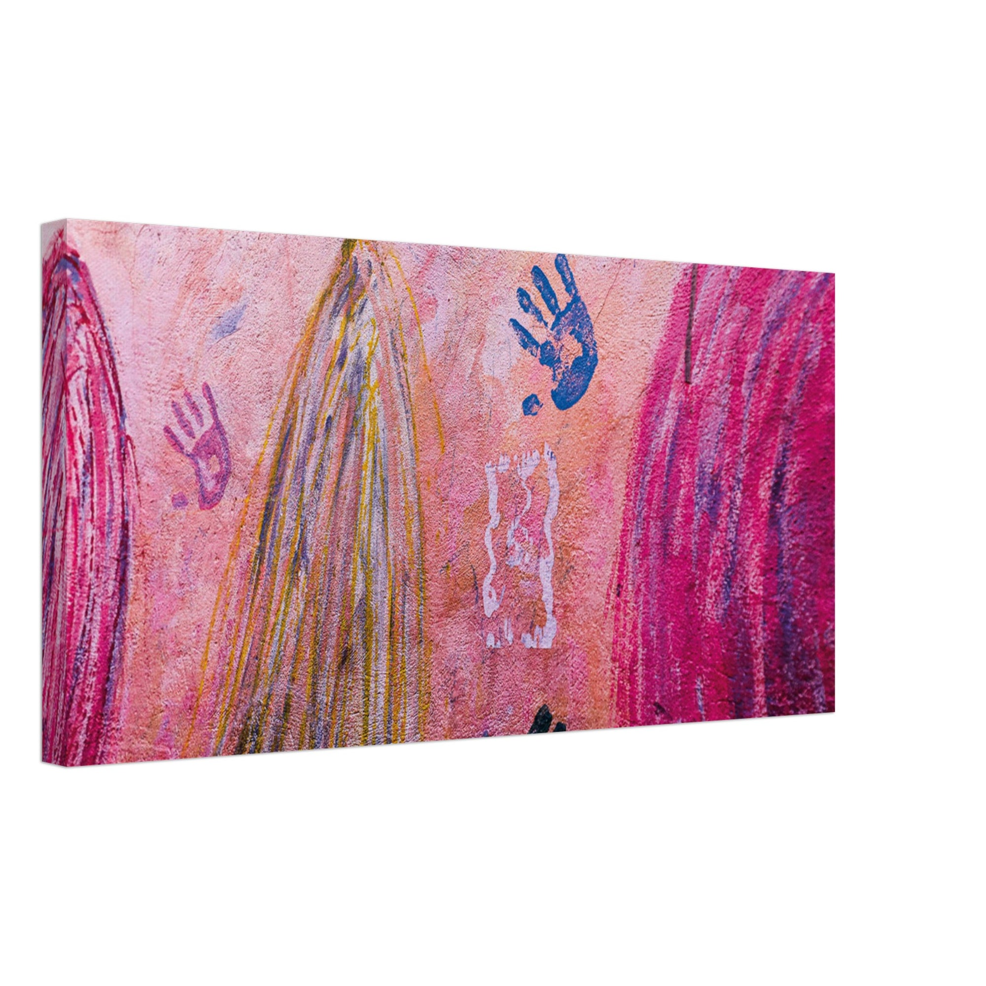 Multicolored wall art with expressive hand symbols.


