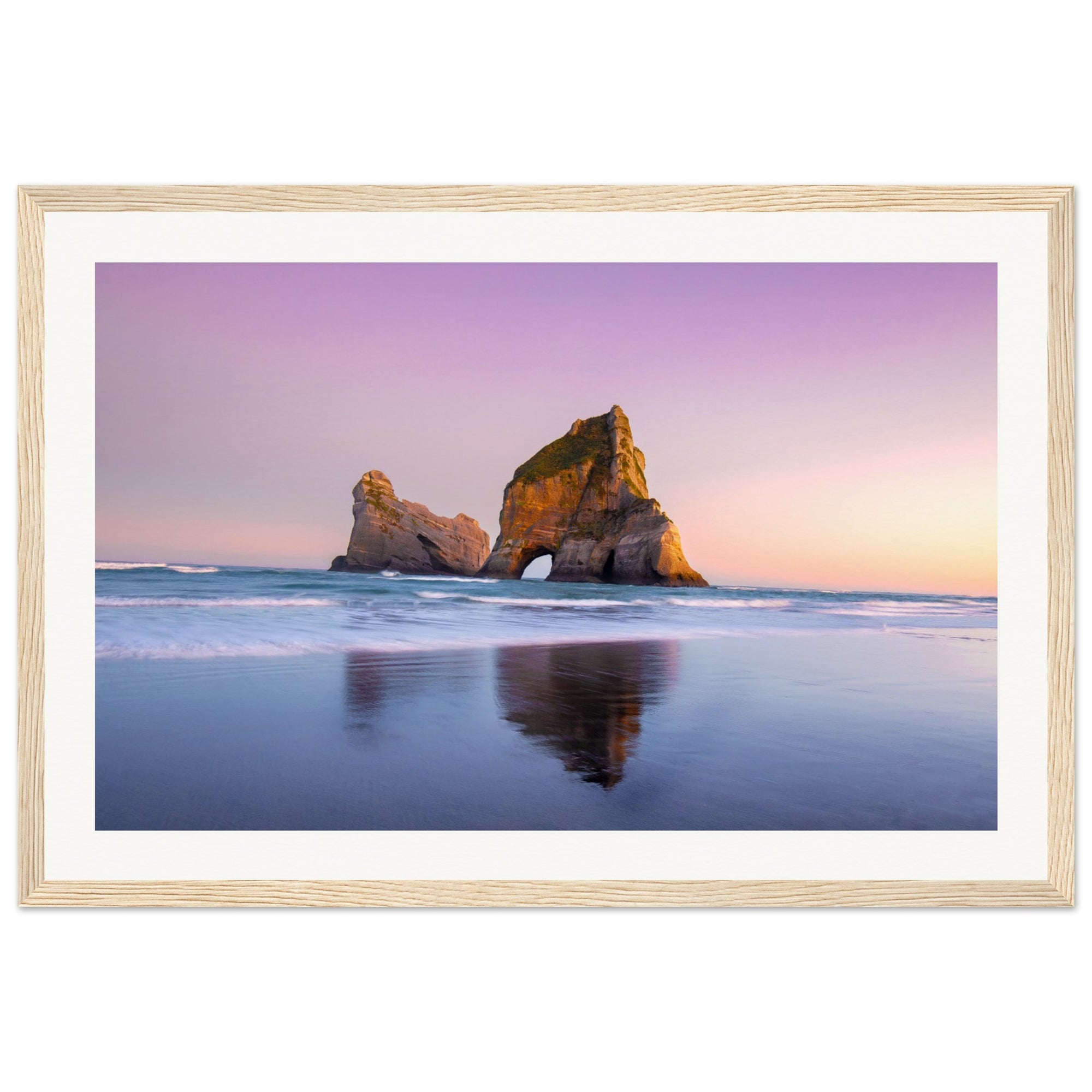 Sunset rock silhouette in vertical seascape art.

