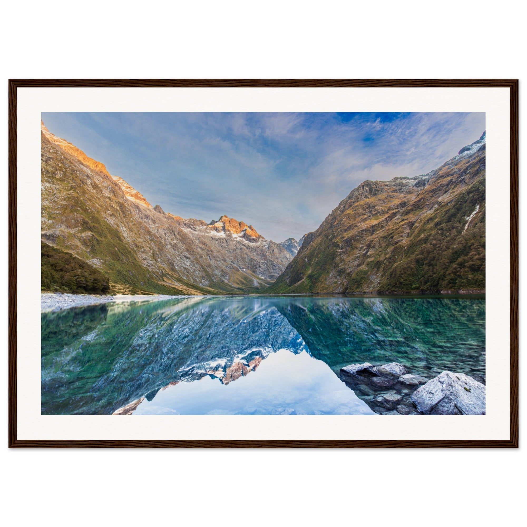 Portrait photograph of alpine peaks above a tranquil lake, with a dot.

